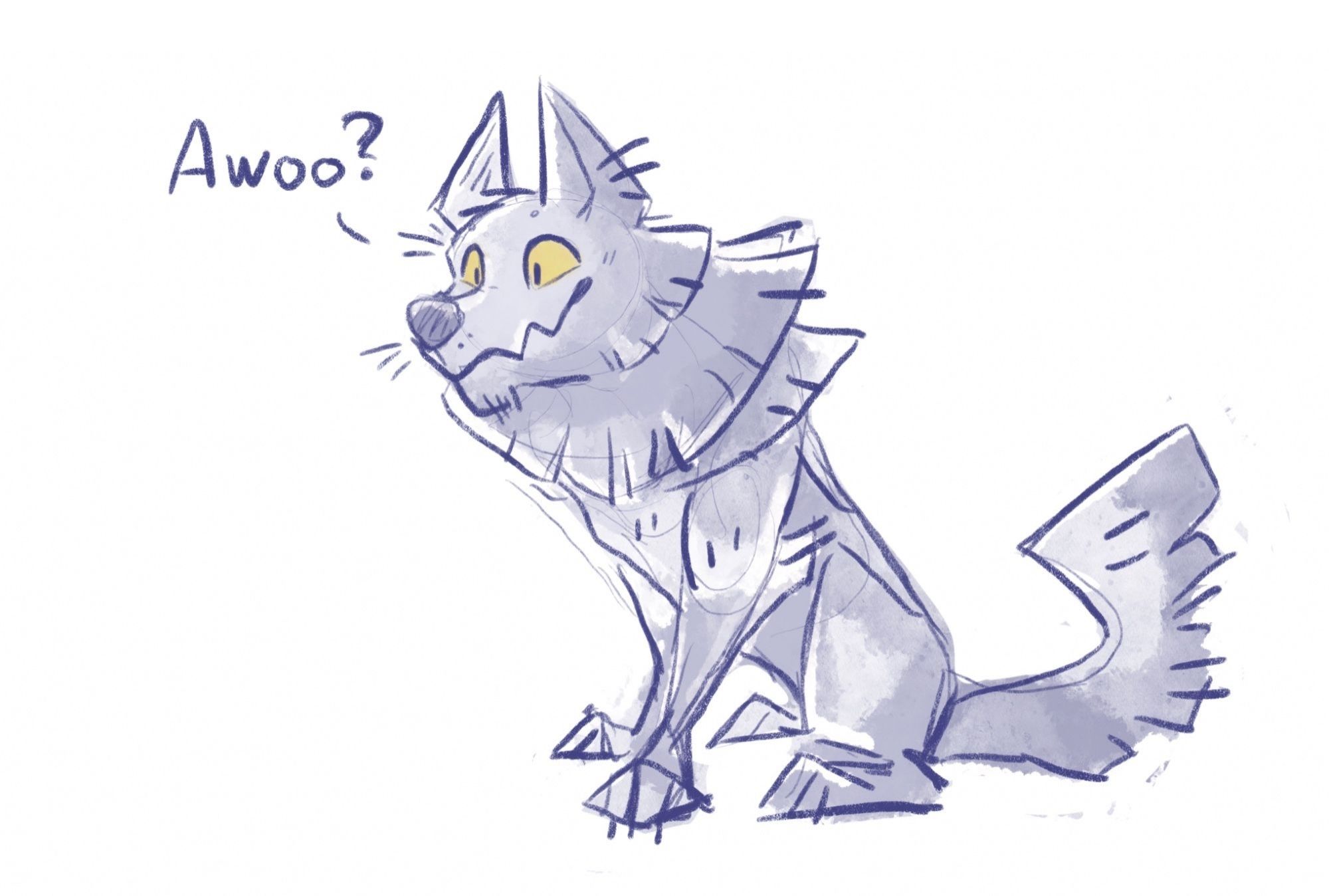 A sketchy drawing of a grey wolf with yellow eyes. They're sitting down. On the left side the text awoo? is written