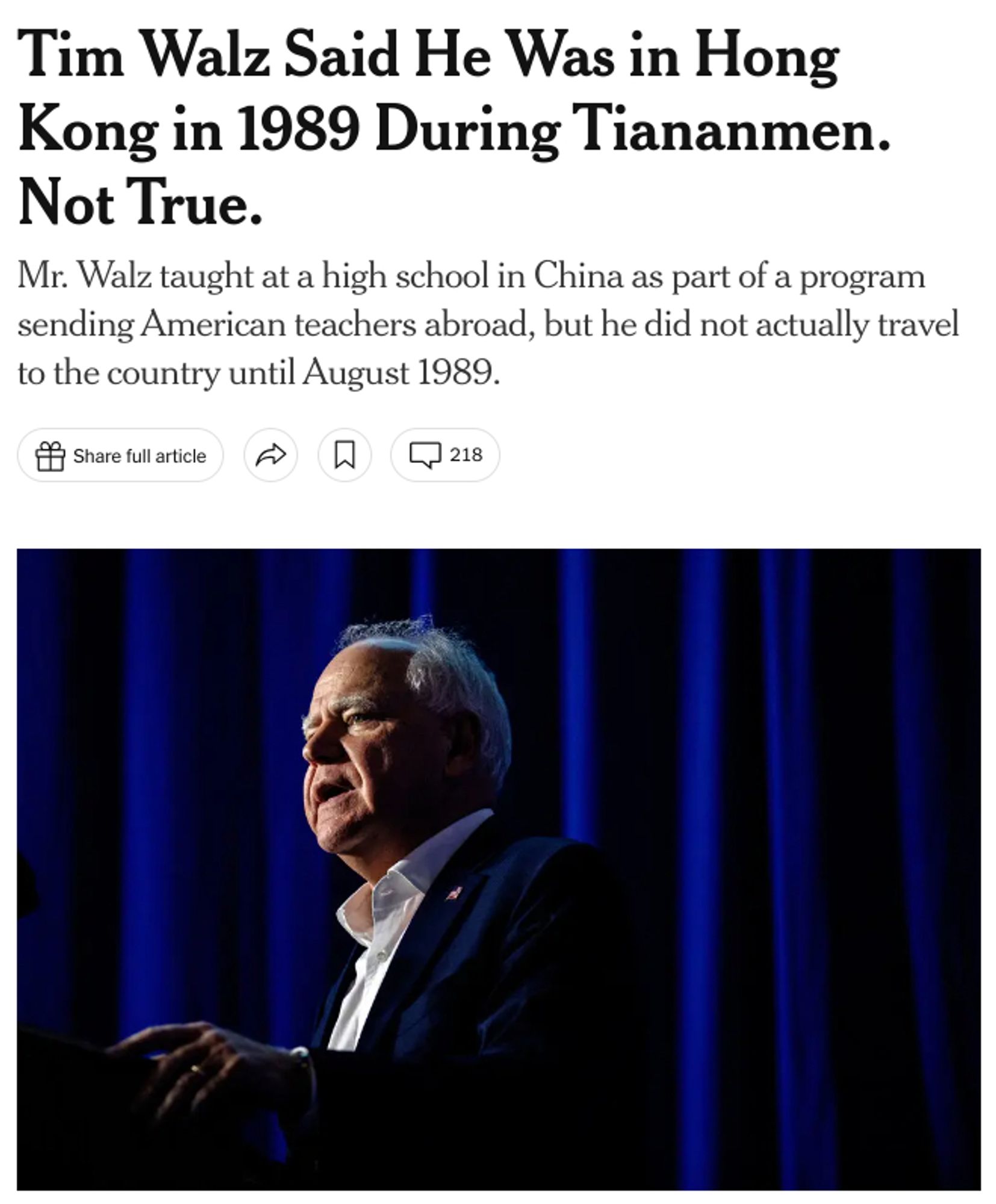 Tim Walz Said He Was in Hong Kong in 1989 During Tiananmen. Not True.