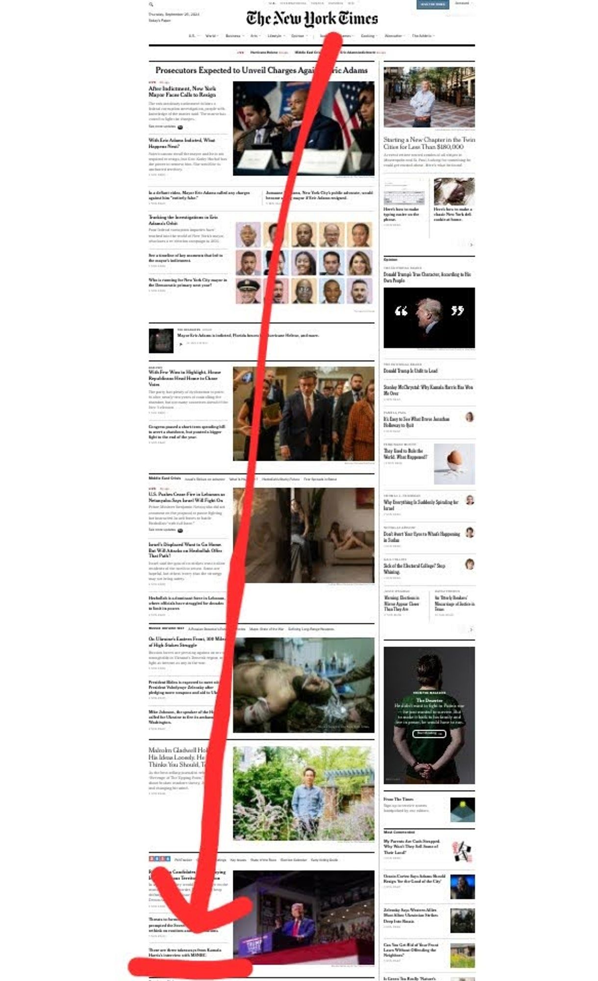 homepage screenshot with red arrow pointing to story way down the page.