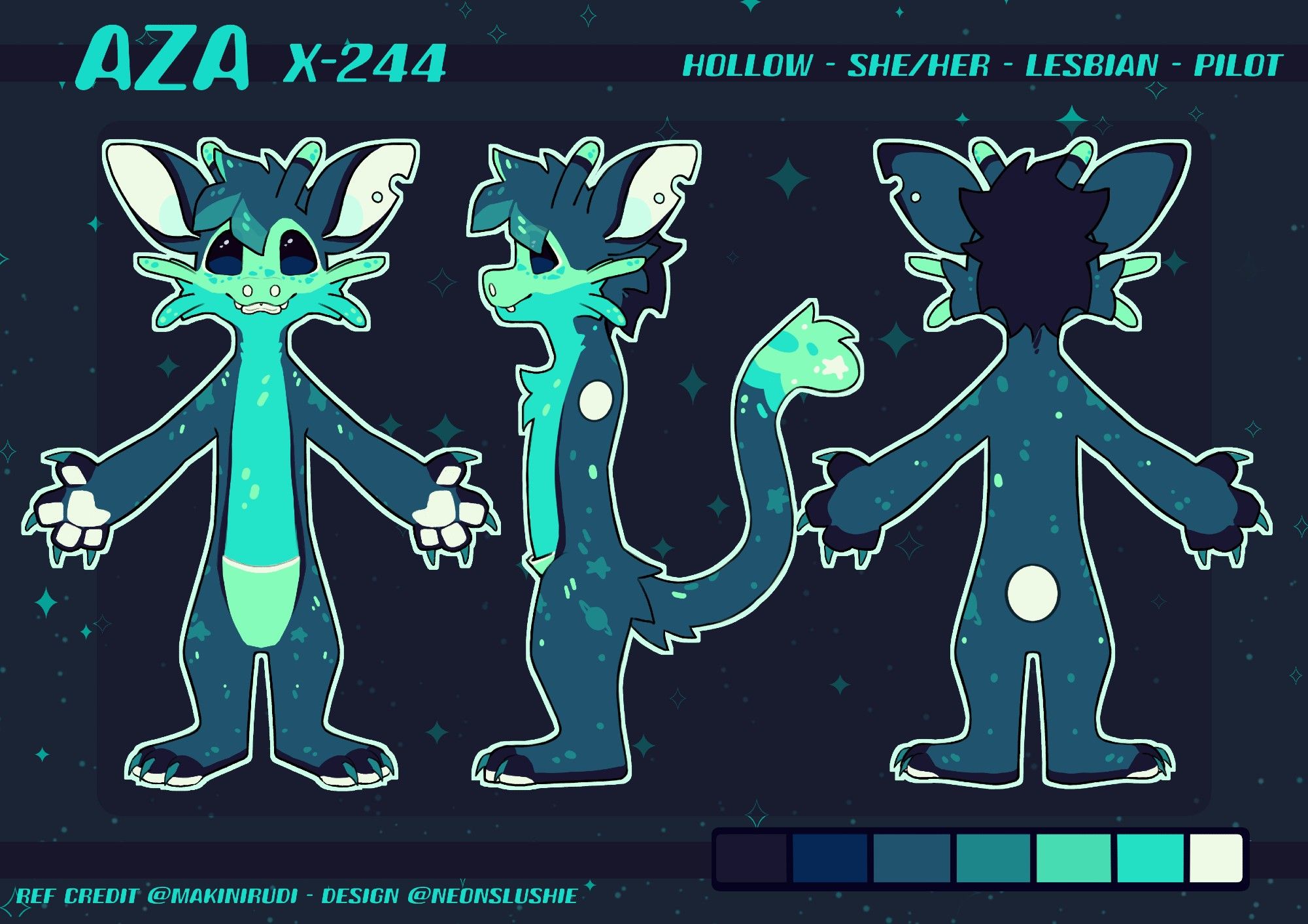 This is a reference sheet. It shows the character's front, side and back view. It also features the name (Aza), their code on the closed species site (X-244), the color palette, the character designer (NeonSlushie), and some extra facts about her (she/her,lesbian,and that she works as a pilot).