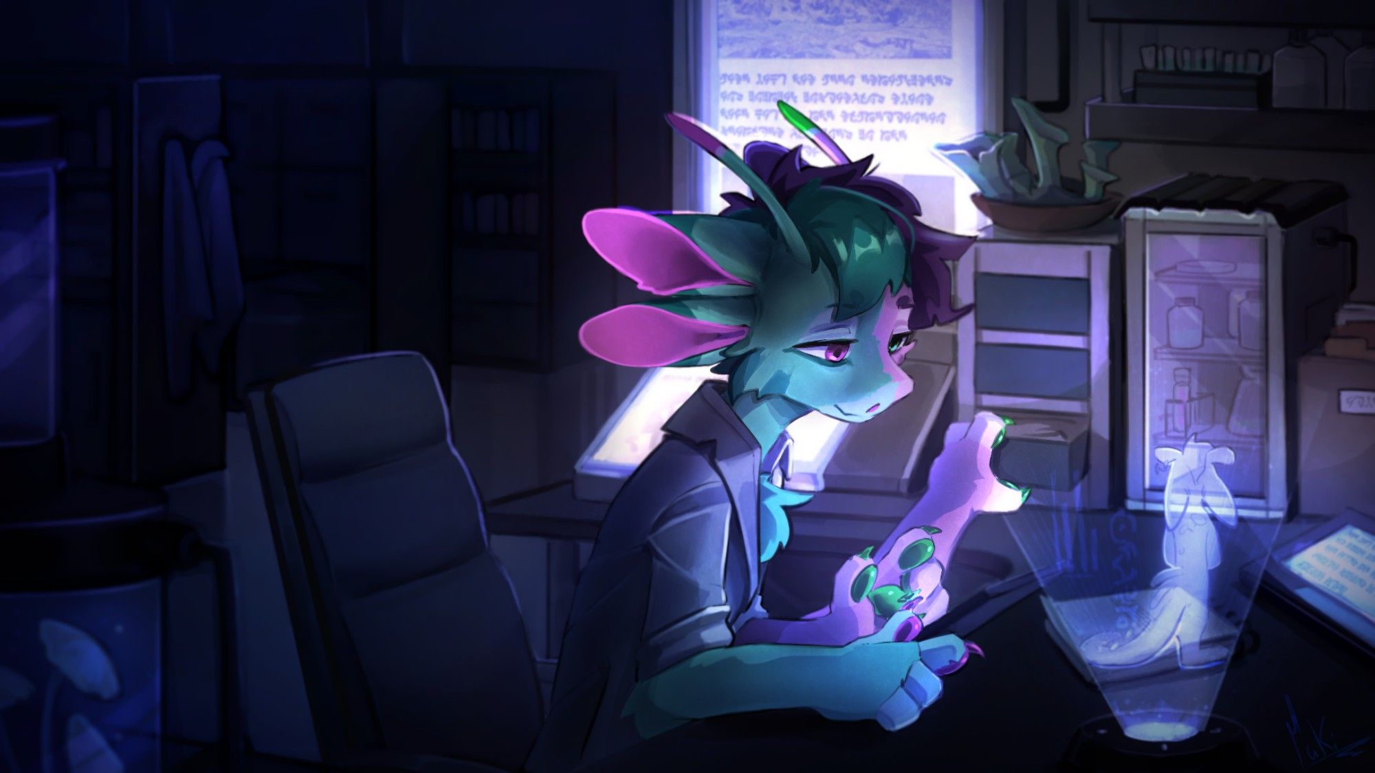 Furry scientist looking at a hologram in their cubicle lab. He has 4 arms, two of them are taking notes, one rests and the one left is opening a small drawer. There are many screens that illuminate the room, they and the hologram are the only light sources.