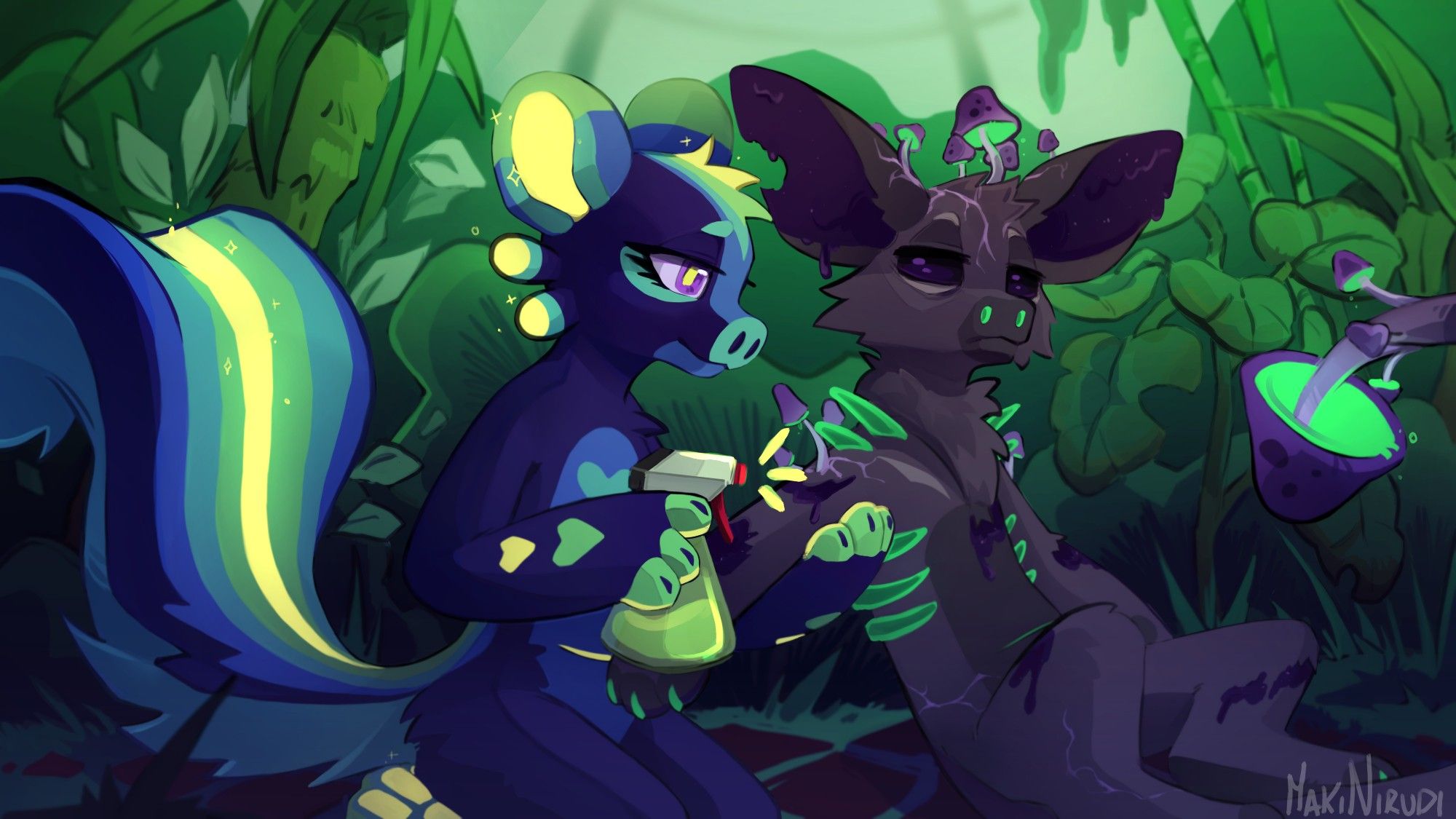 A couple of characters are sitting on the floor of an interior garden, surrounded by foliage. One is spraying some glowing substance on the other's arm, like taking care of them. The one being taken care of is laying down aloof and mushrooms are growing on him.