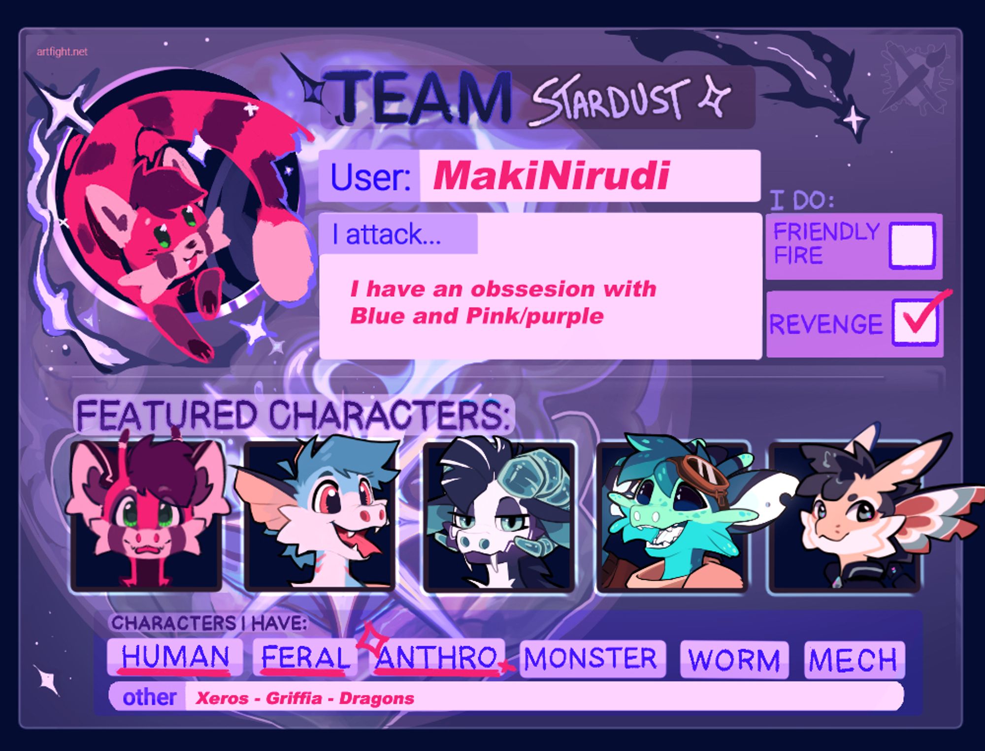 Image with my information for artfight. It features my name "MakiNirudi" and some of my characters