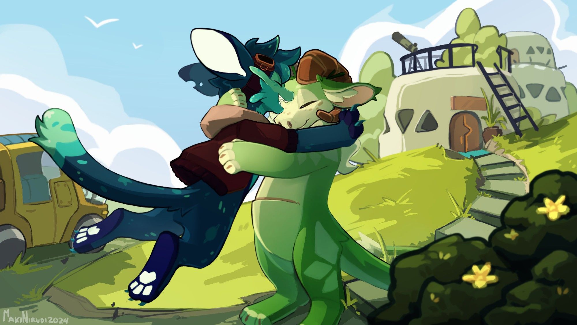 Two of my characters, Aza and Eve, happily hug each other. Aza has come home after one of her missions in space and is now jumping into Eve's arms. In the background, you can see green plains, their house and the car Aza used to get from the capital to their countryside house.

#furryart #digitalart #cs #closedspecies #projectxero