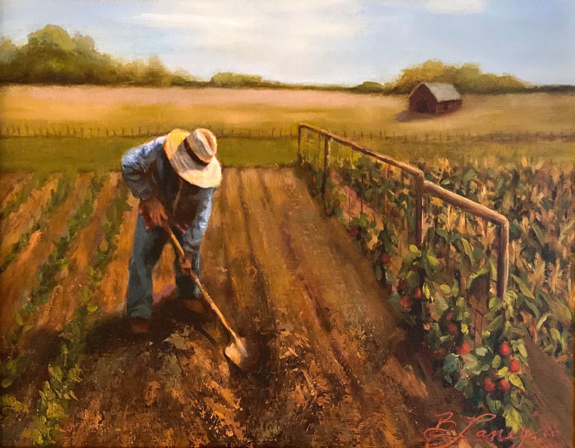 A man in a straw hat is digging a trench in his garden.