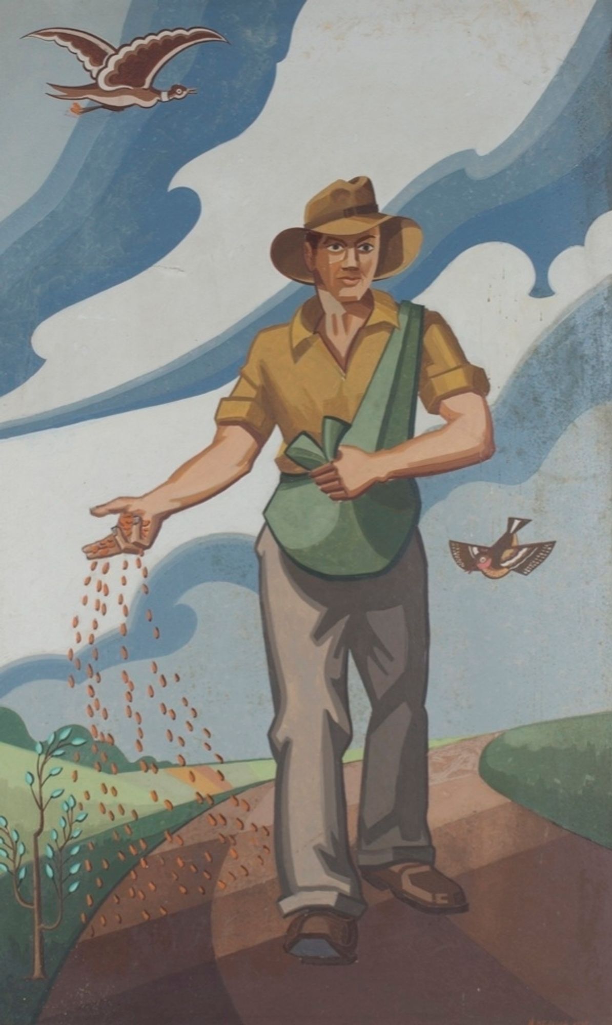 A painting of a farmer broadcasting seeds with birds flying behind him.