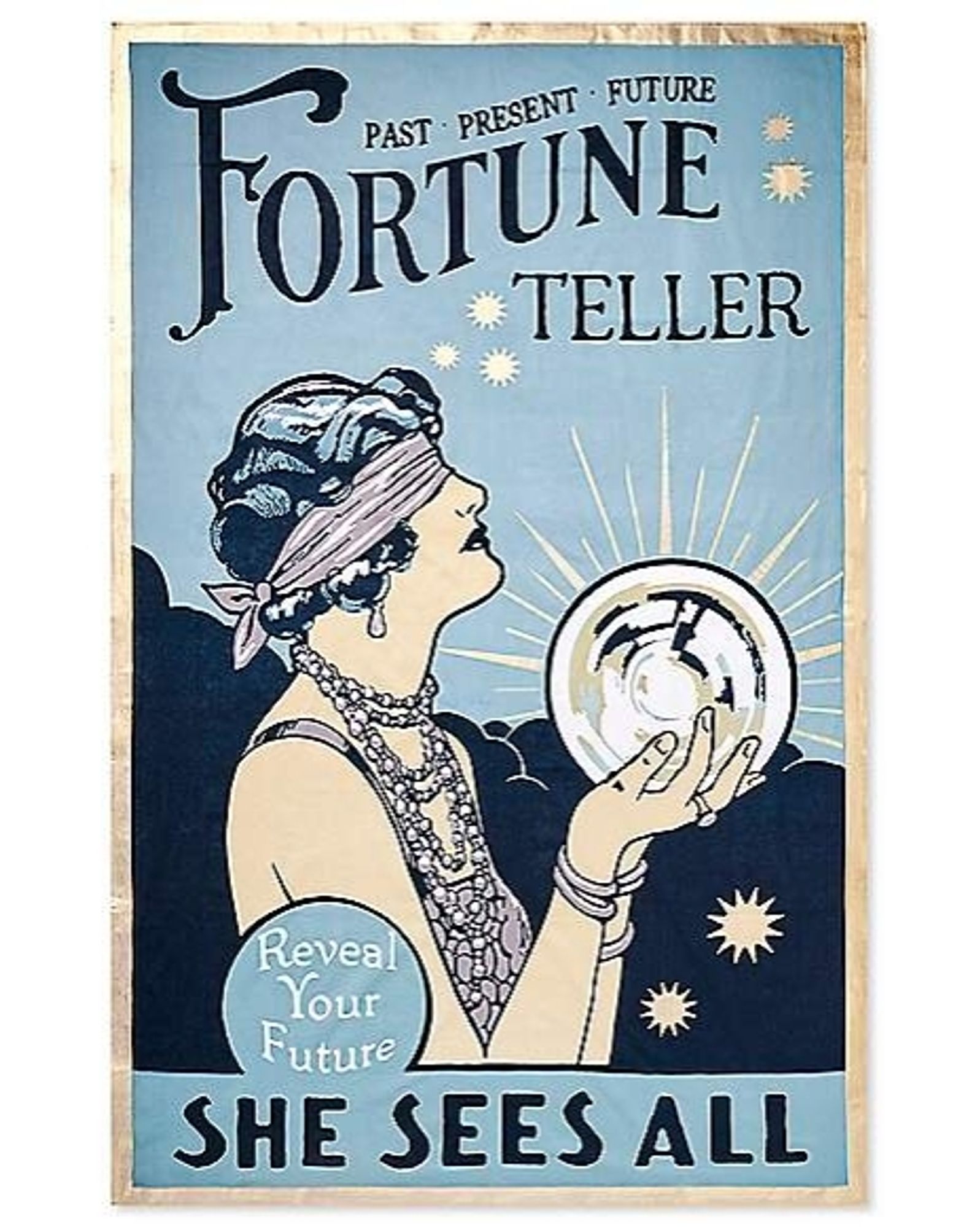 An old magazine cover shows a blindfolded woman with a crystal ball.