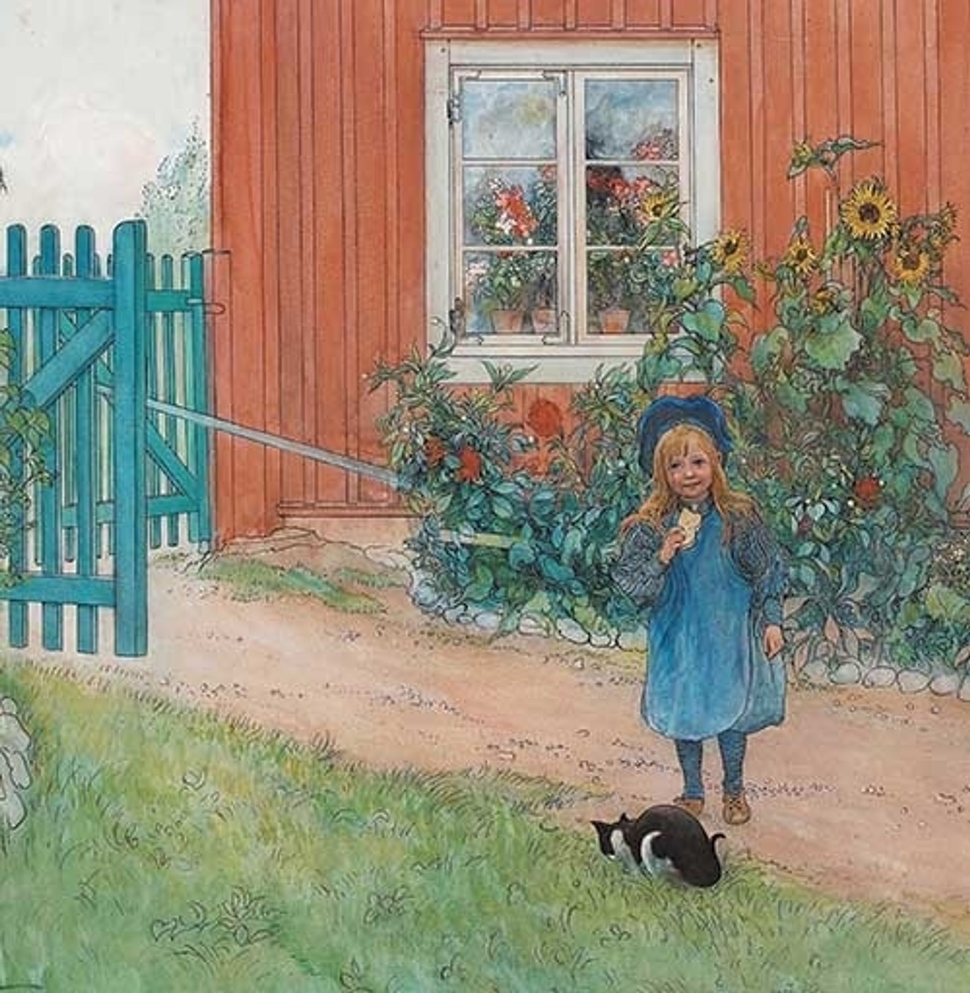 A young girl stands outside the homestead with a small black and white cat.