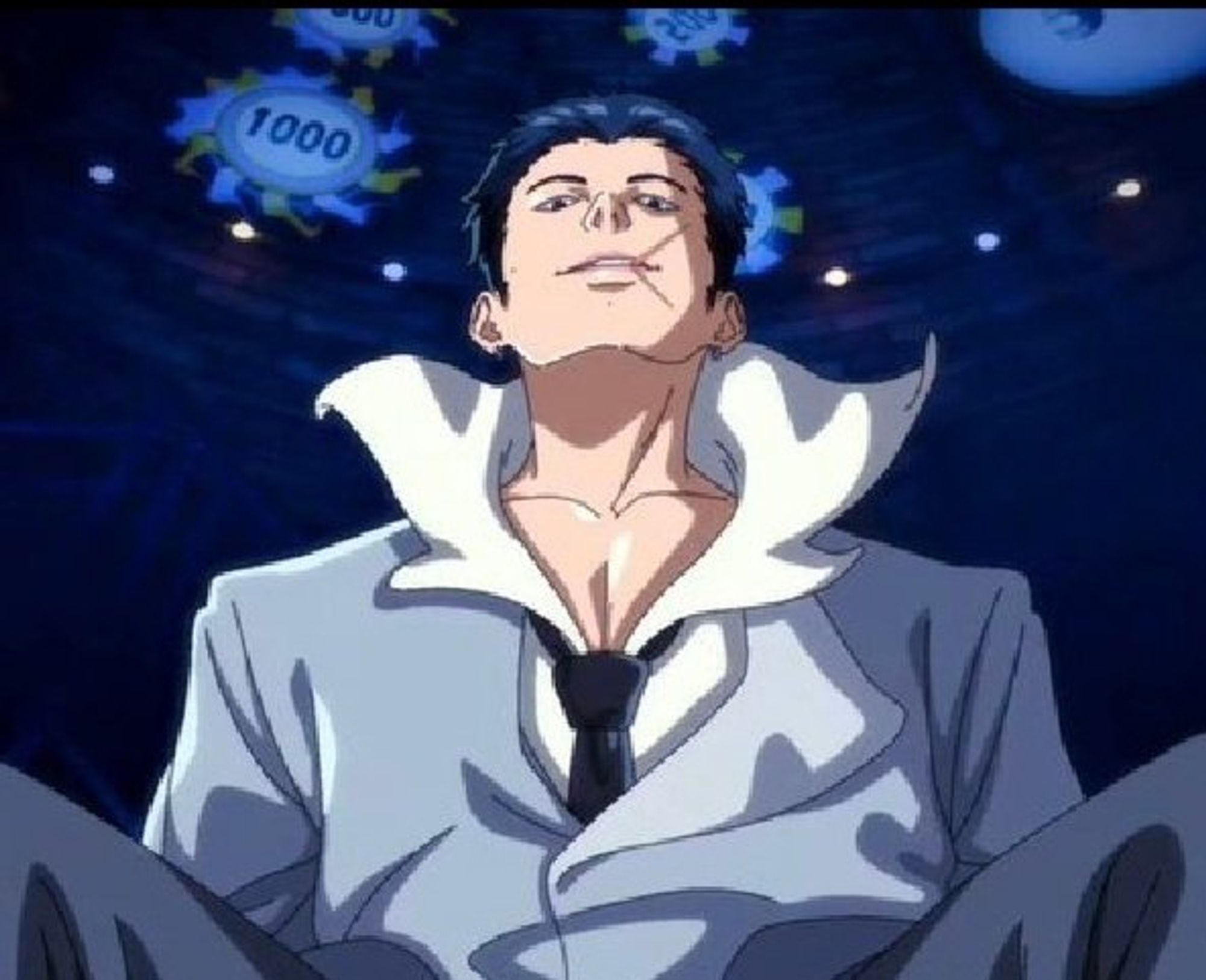 Animated Joon in a blue suit sitting back with angle taken lower and facing up between legs