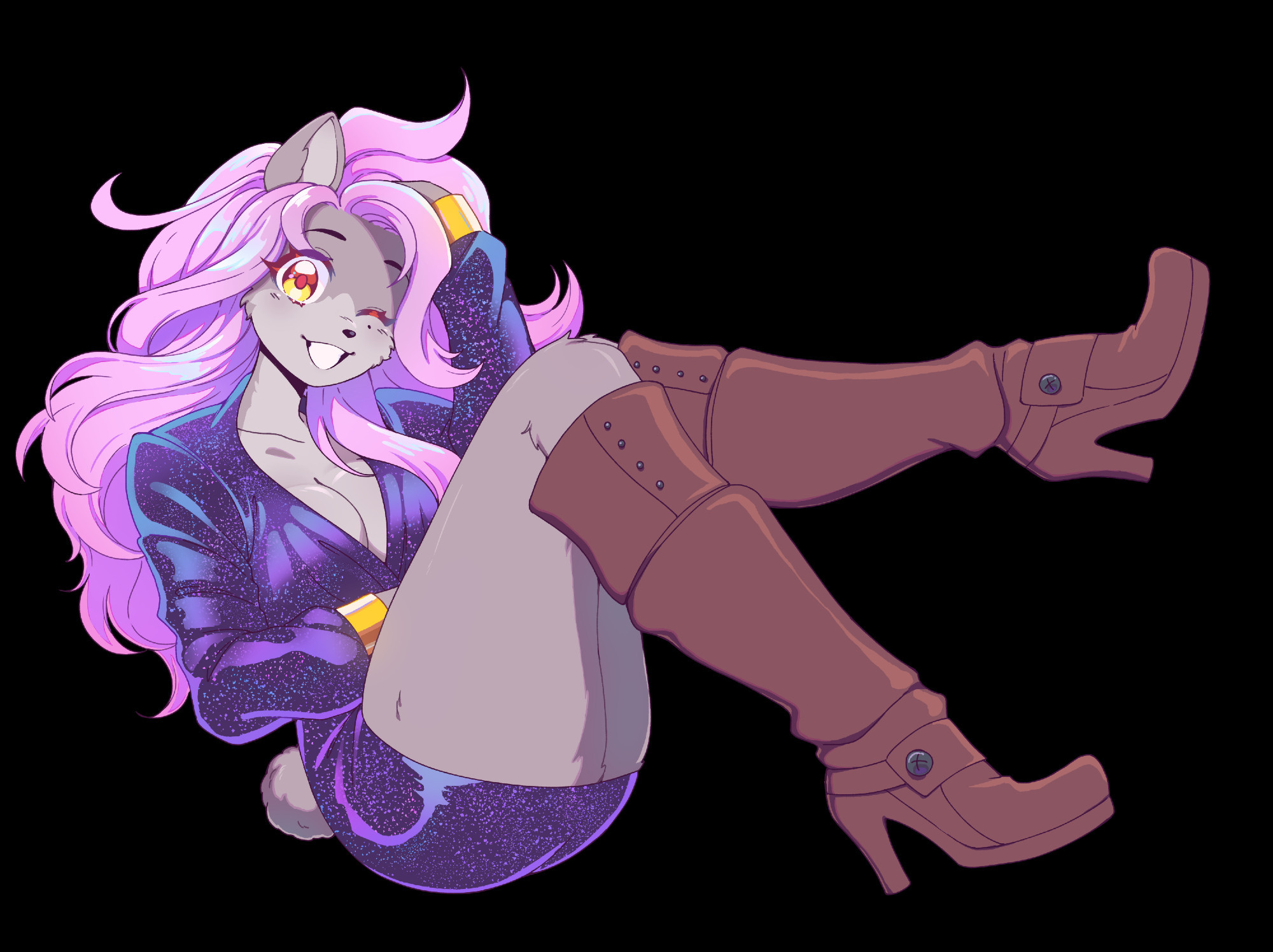 fullbody illustration of an anthro character with gray fur, she has pink hair and is wearing a dark purple sequined dress and brown knee-high boots. she is sitting with her legs out, running a hand through her hair and smiling while winking at the viewer