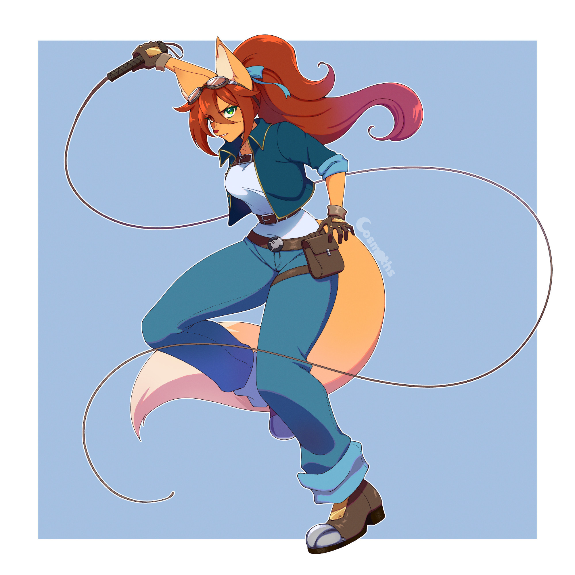 fullbody illustration of an anthro fox girl with red hair in a pony tail, orange fur and wearing a jean jacket, pants and white t-shirt. she is holding a whip wound back, ready to attack