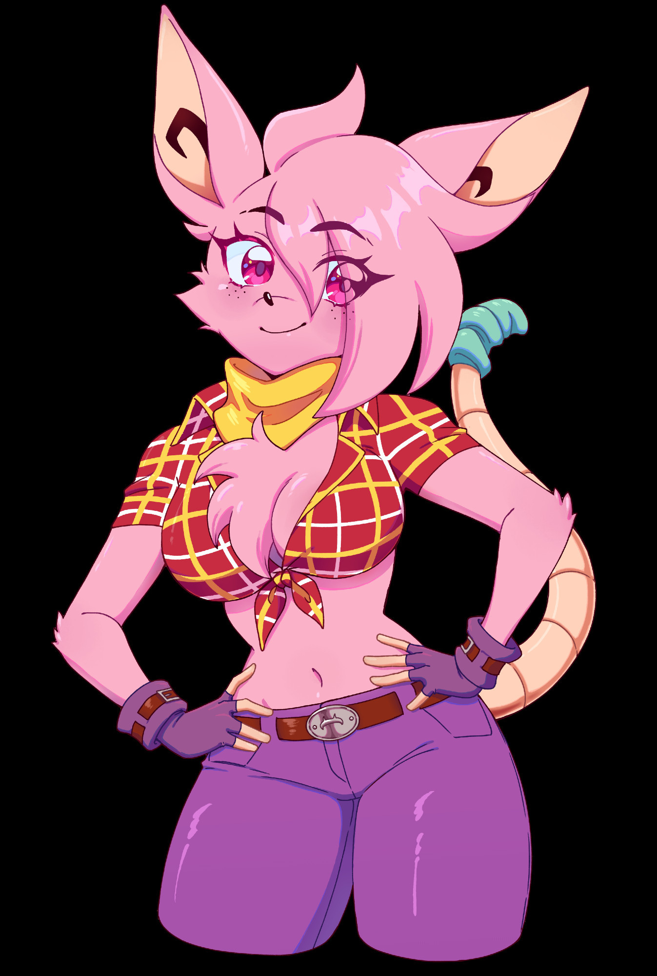 a thigh-up illustration of an anthro mouse girl with pink fur, she is wearing a plaid shirt tied below her chest and purple pants, she has her hands on her hip and is smiling