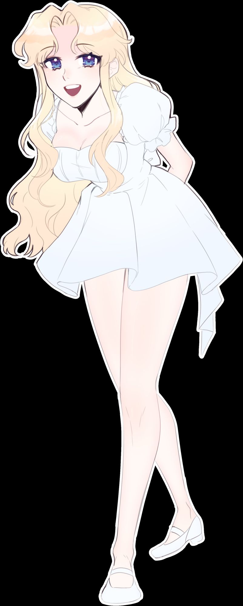 full body illustration of a girl with pale white skin, light blonde hair and blue eyes. she is wearing a white sundress and leaning forward with her arms behind her back and smiling at the viewer