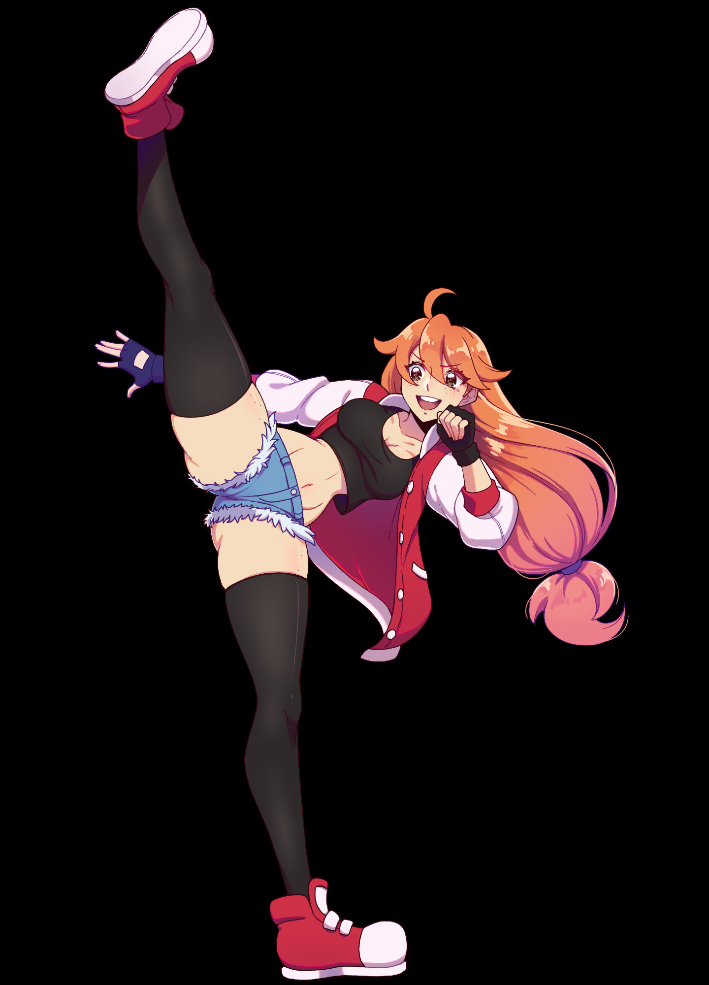 fullbody illustration of a girl with white skin and orange hair, wearing a white and red varsity style jacket, black thigh-highs and red tennis shoes in a fighting pose, kicking upwards and smiling