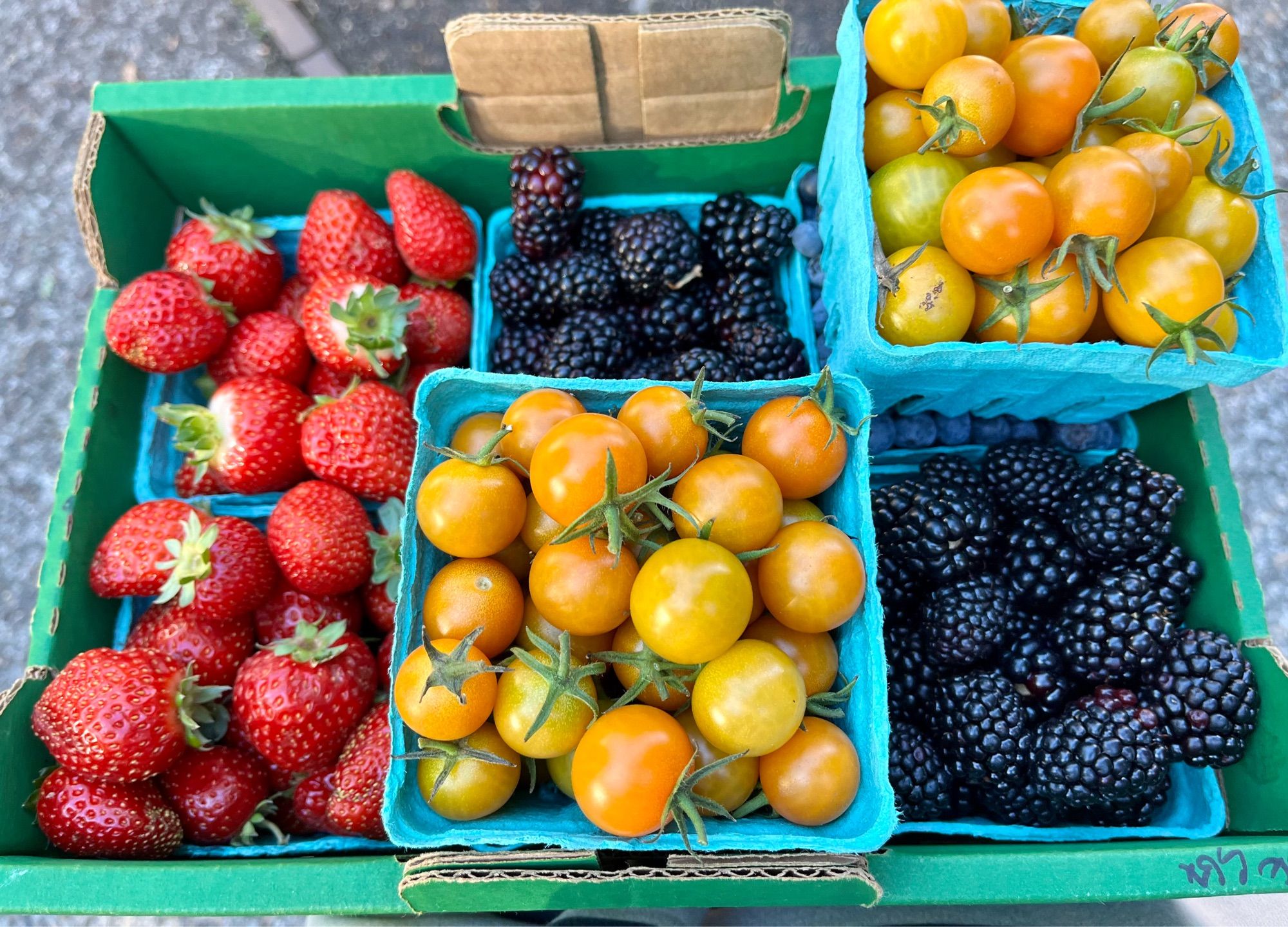 Strawberries, blackberries, blueberries, and cherry tomatoes