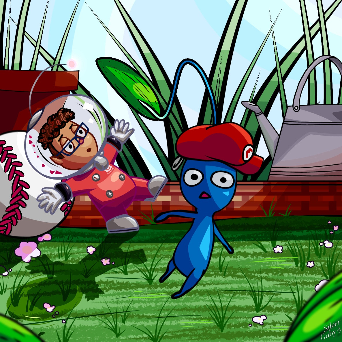 Pikmin azul com o chapéu do Mario como um chaveiro, como mo modelo do Pikmin Bloom, sendo colhido por um personagem da série dos jogos representando o artista. O ambiente é um jardim com grama, uma bola de baseball e um regador velho