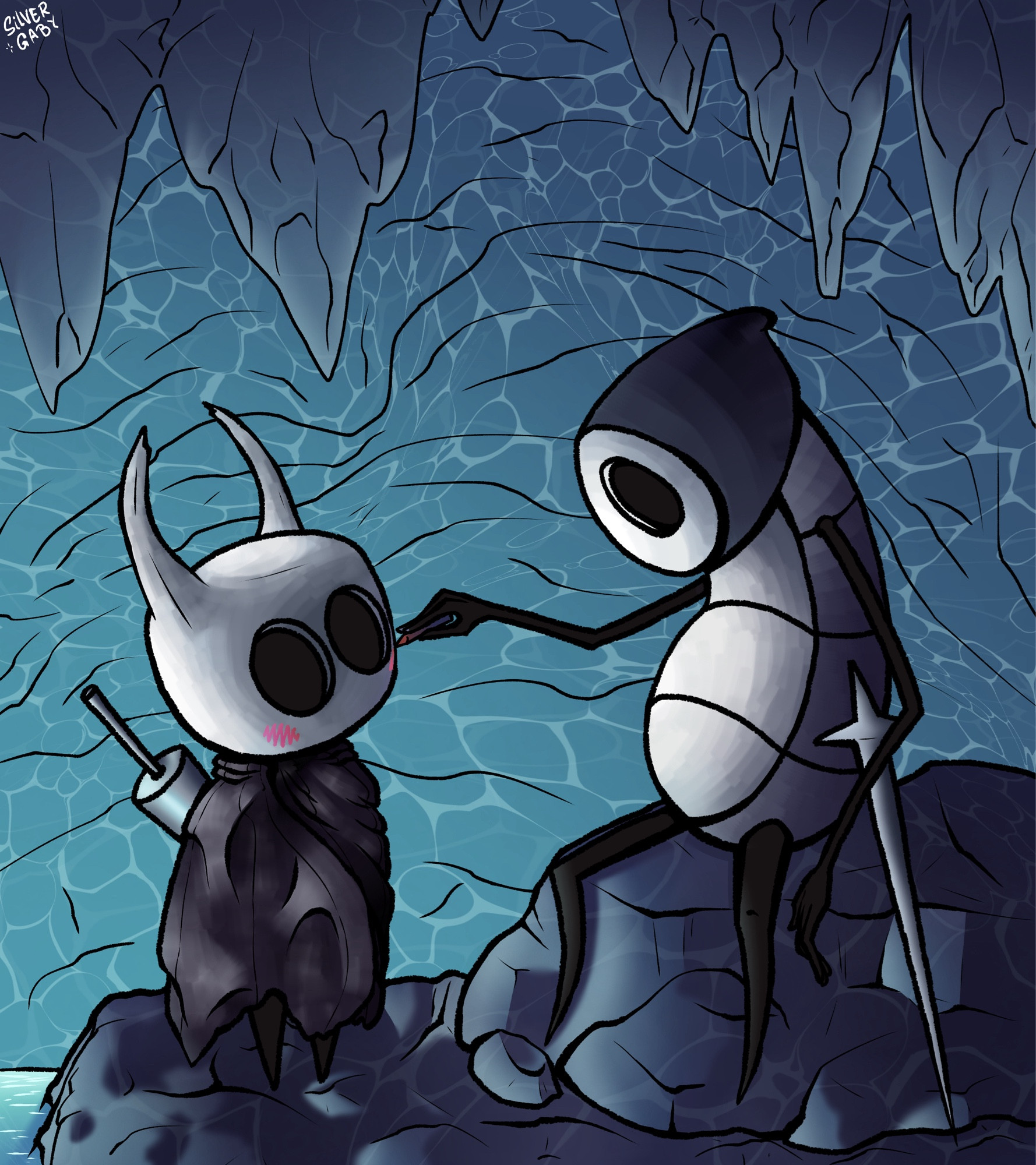 Ilustração de Hollow Knight com o receptáculo e Quirrel