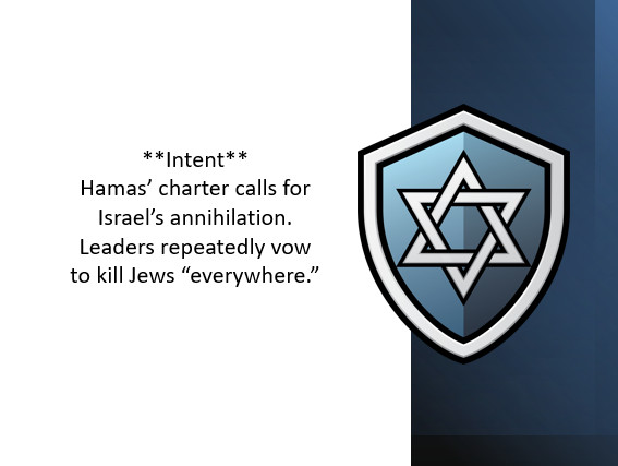 **Intent**: Hamas’ charter calls for Israel’s annihilation. Leaders repeatedly vow to kill Jews “everywhere.”
