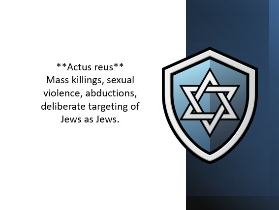 **Actus reus**: Mass killings, sexual violence, abductions, deliberate targeting of Jews as Jews.
