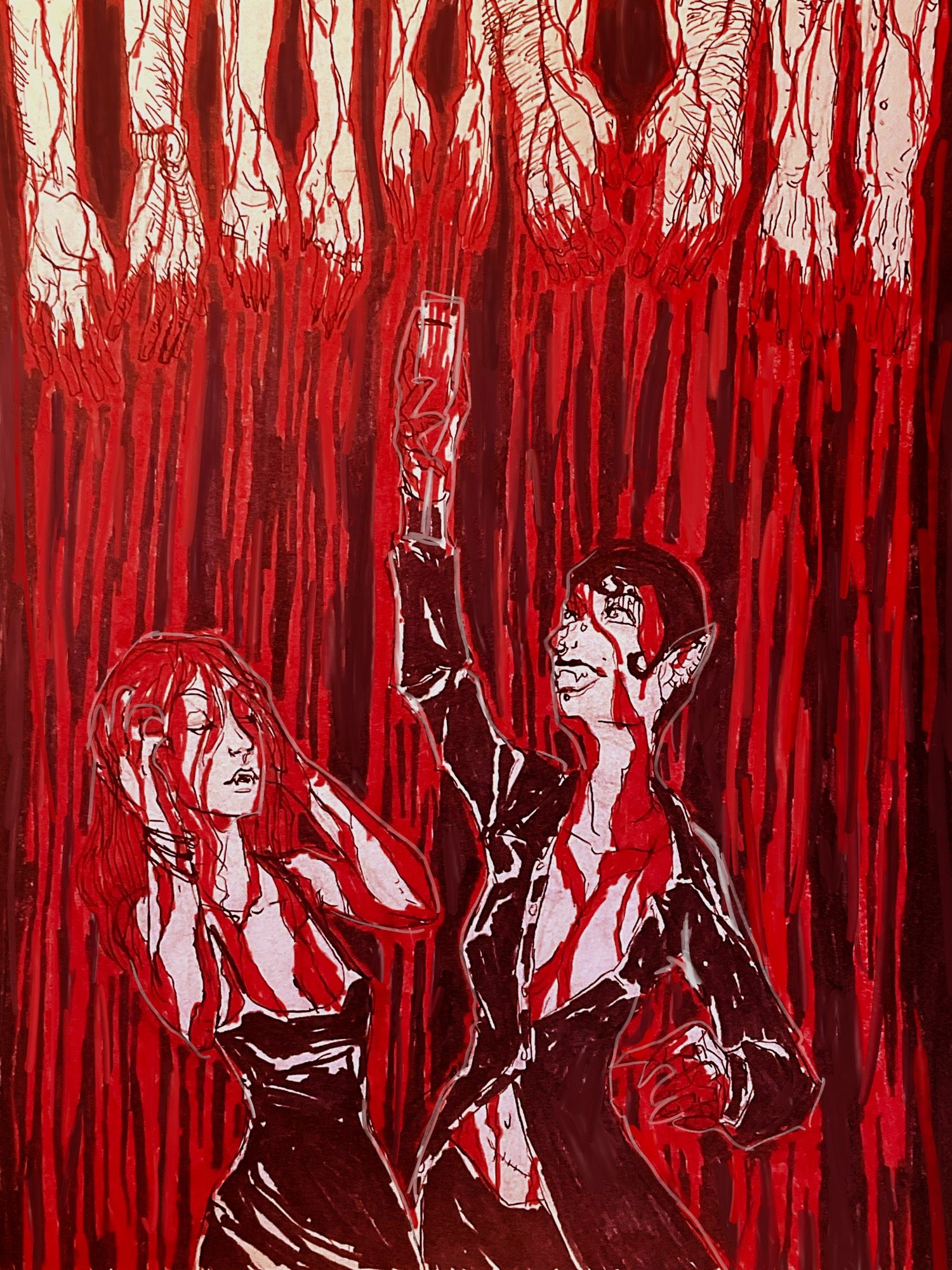 Two vampire women showering in blood steaming down from the hands of corpses hanging above them. The one on the right is filling a champagne flute with blood