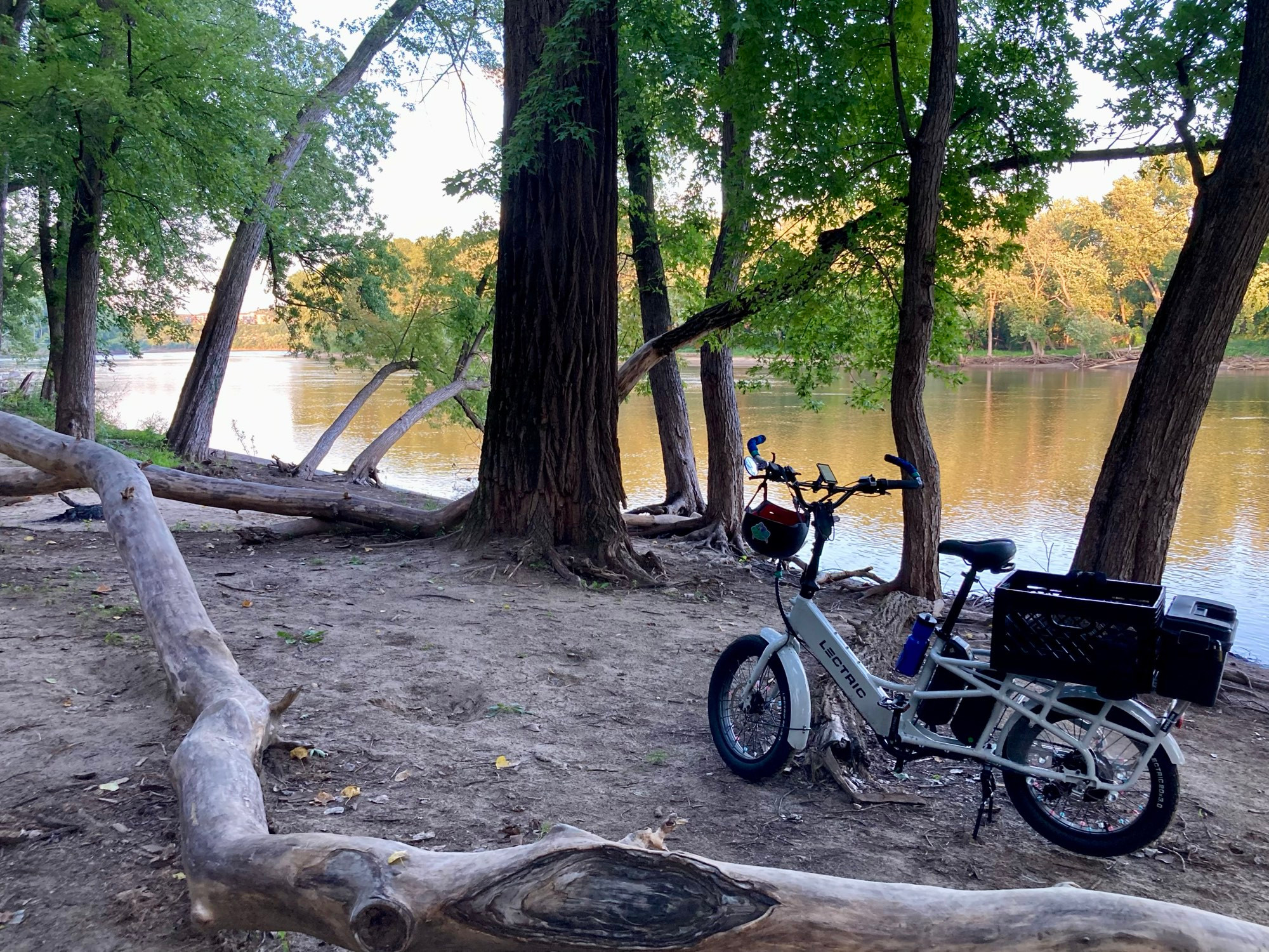 An electric cargo bike parked underneath trees by the shore of the Mississippi River. The evening sunlight is golden on the trees on the opposite shore. 
