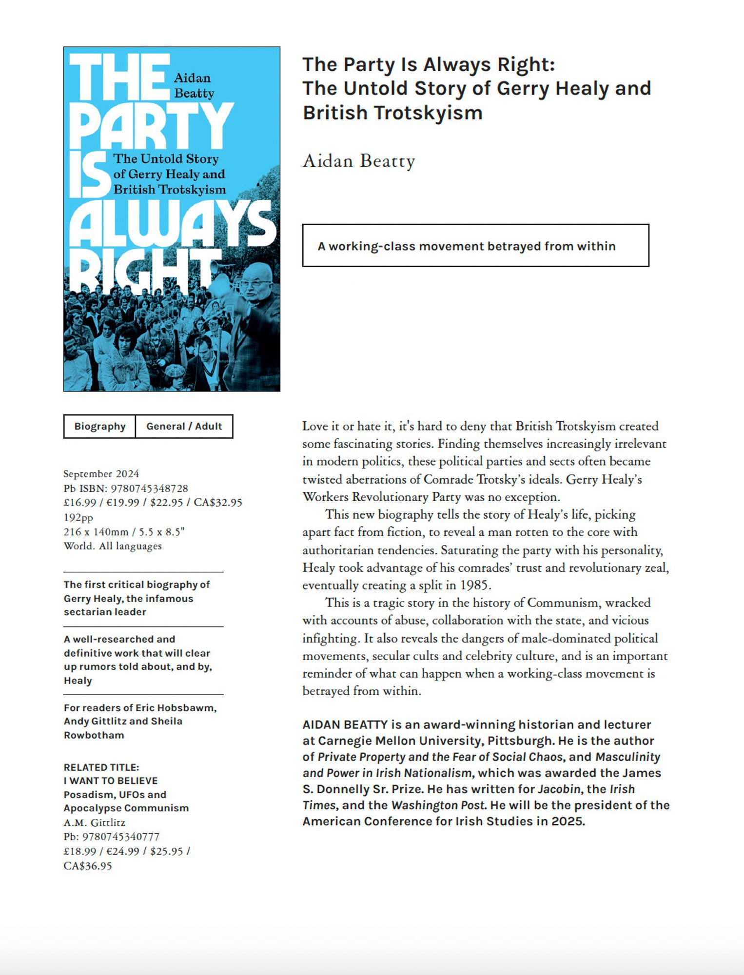 Catalogue page for the book "The Party is Always Right"