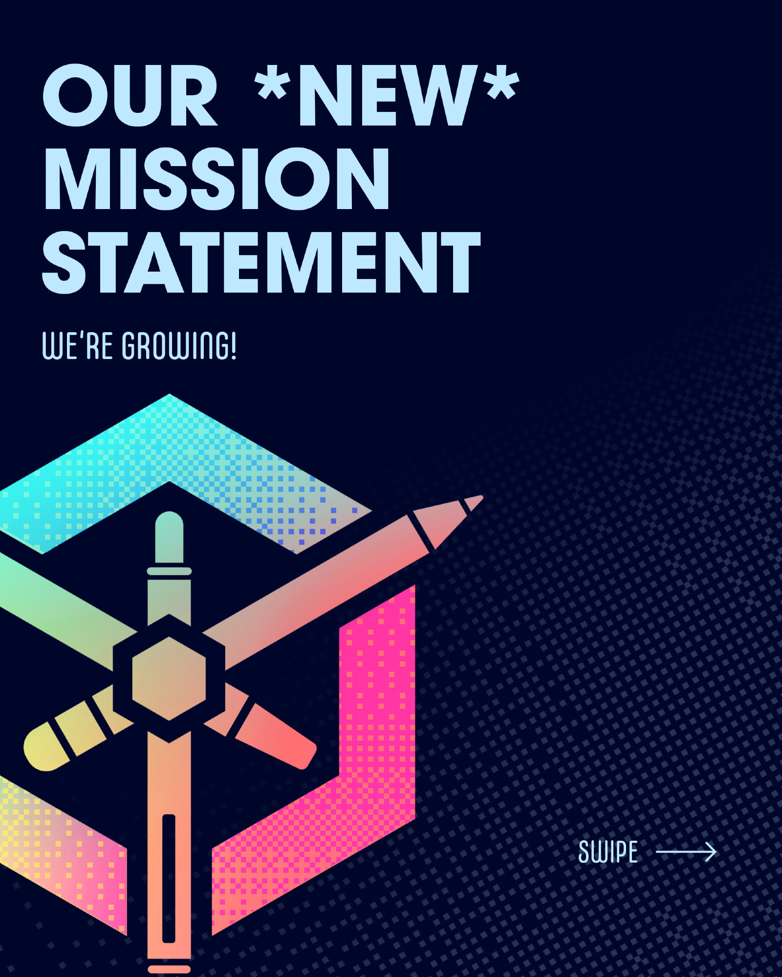 Our NEW mission statement (we're growing). The image also features the IGNCG logo with rainbow coloration on dark blue textured background. Logo created by Julia Rago. 