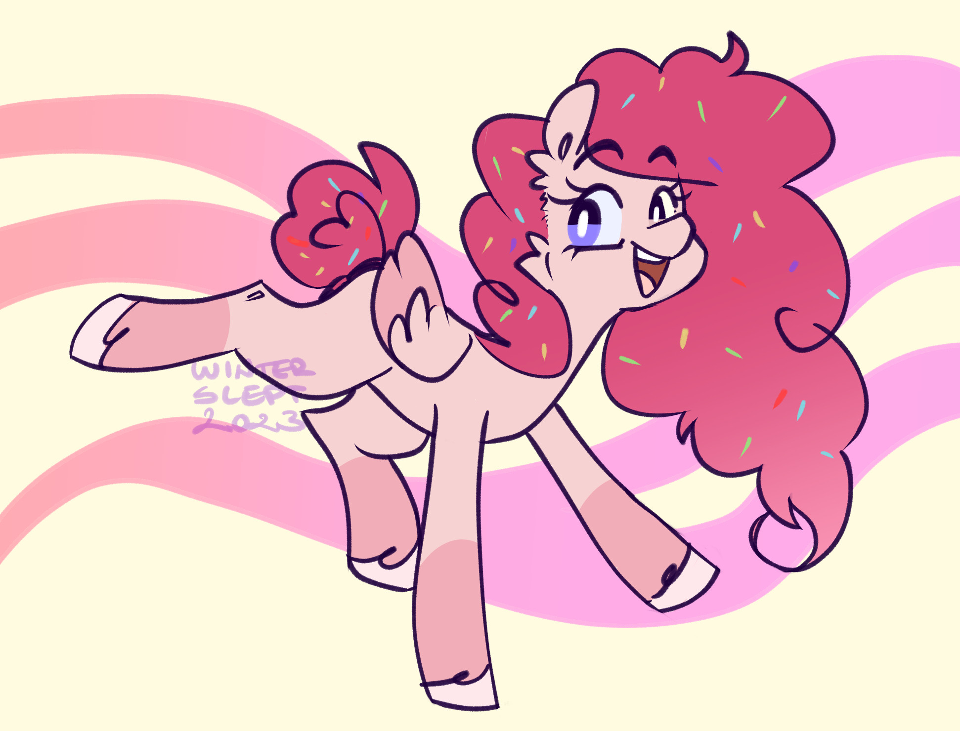 a flat color drawing of a slightly altered (redesigned) pinkie pie from the show my little pony: friendship is magic. she now has a few darker markings on her legs, lighter hooves, longer hair, a tied up tail in a bun, colorful confetti in her hair, and is now a pegasus. her expression is cheerful, the background is a pale yellow with simple purple-pink detail waves as accents.