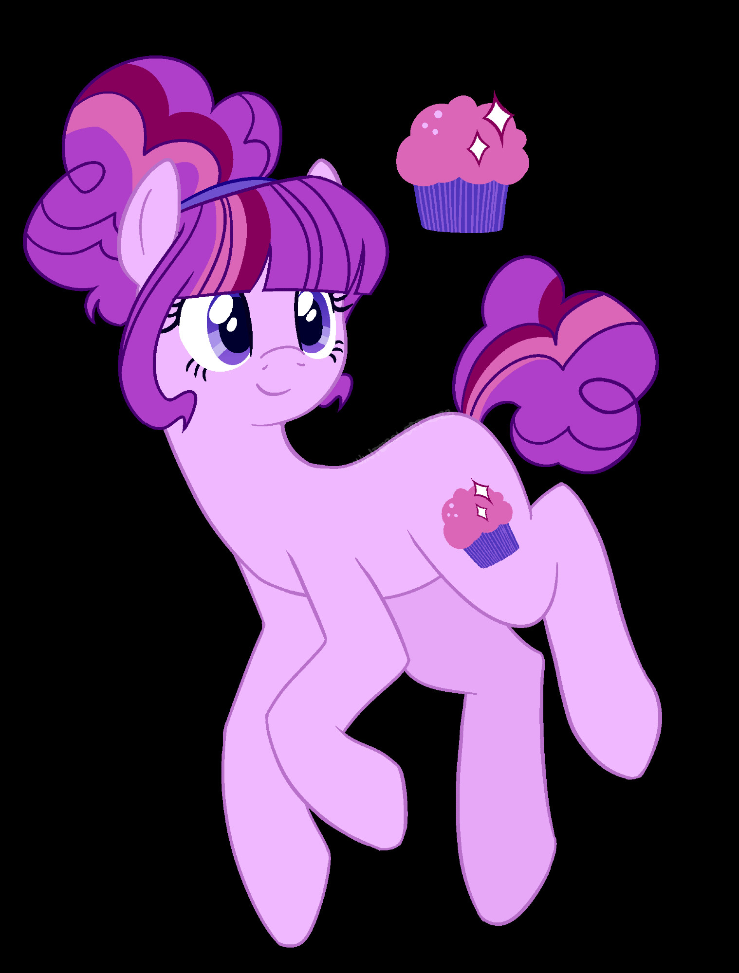 a digital drawing in the MLP:FiM show style; the character depicted is a light purple earth pony with purple hair, styled into a poofy bun and straight cut bangs. their cutie mark is shown separately as a cupcake with isolated sparkles on it.