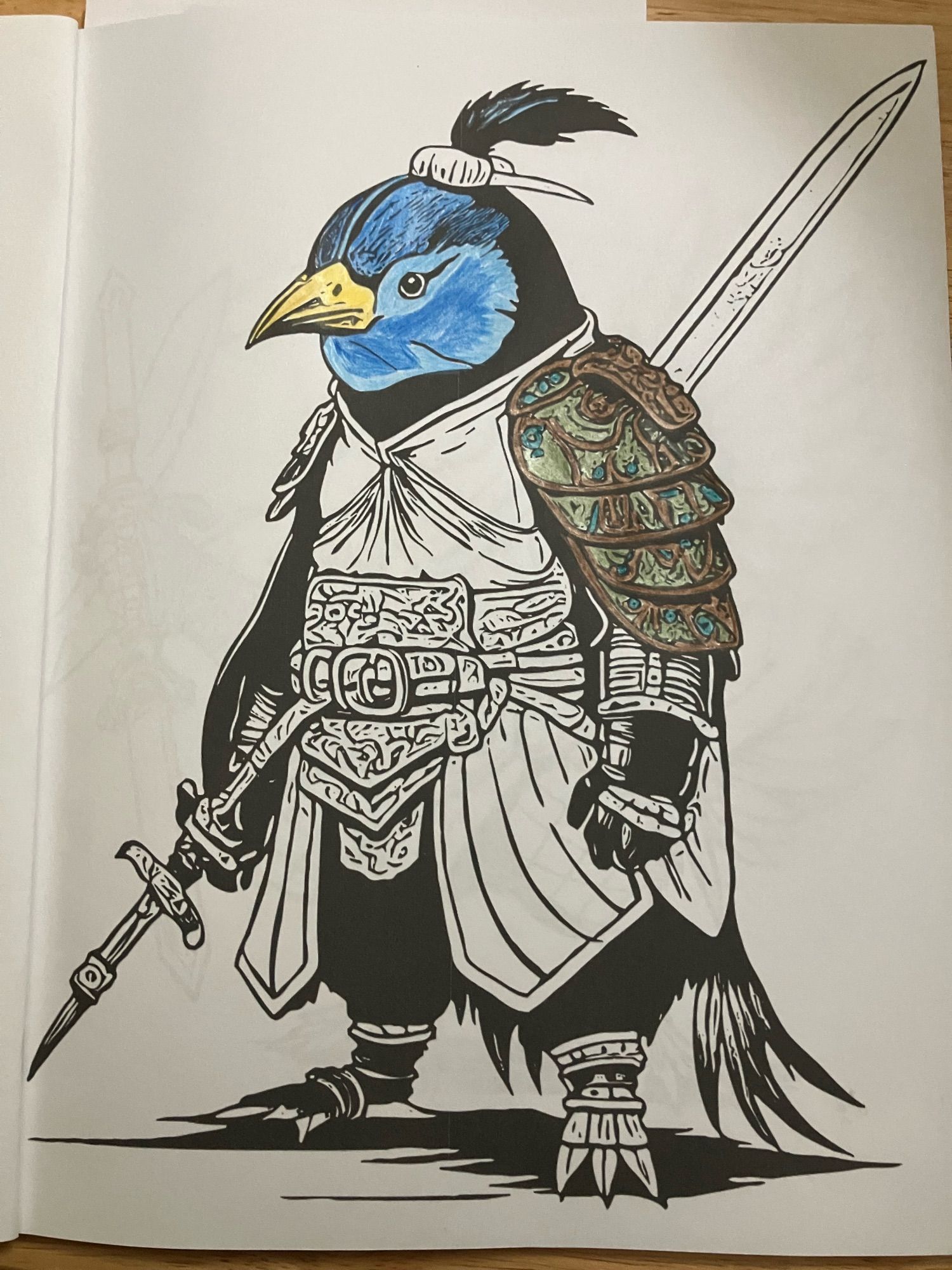 Partially coloured bird dressed as a samurai.