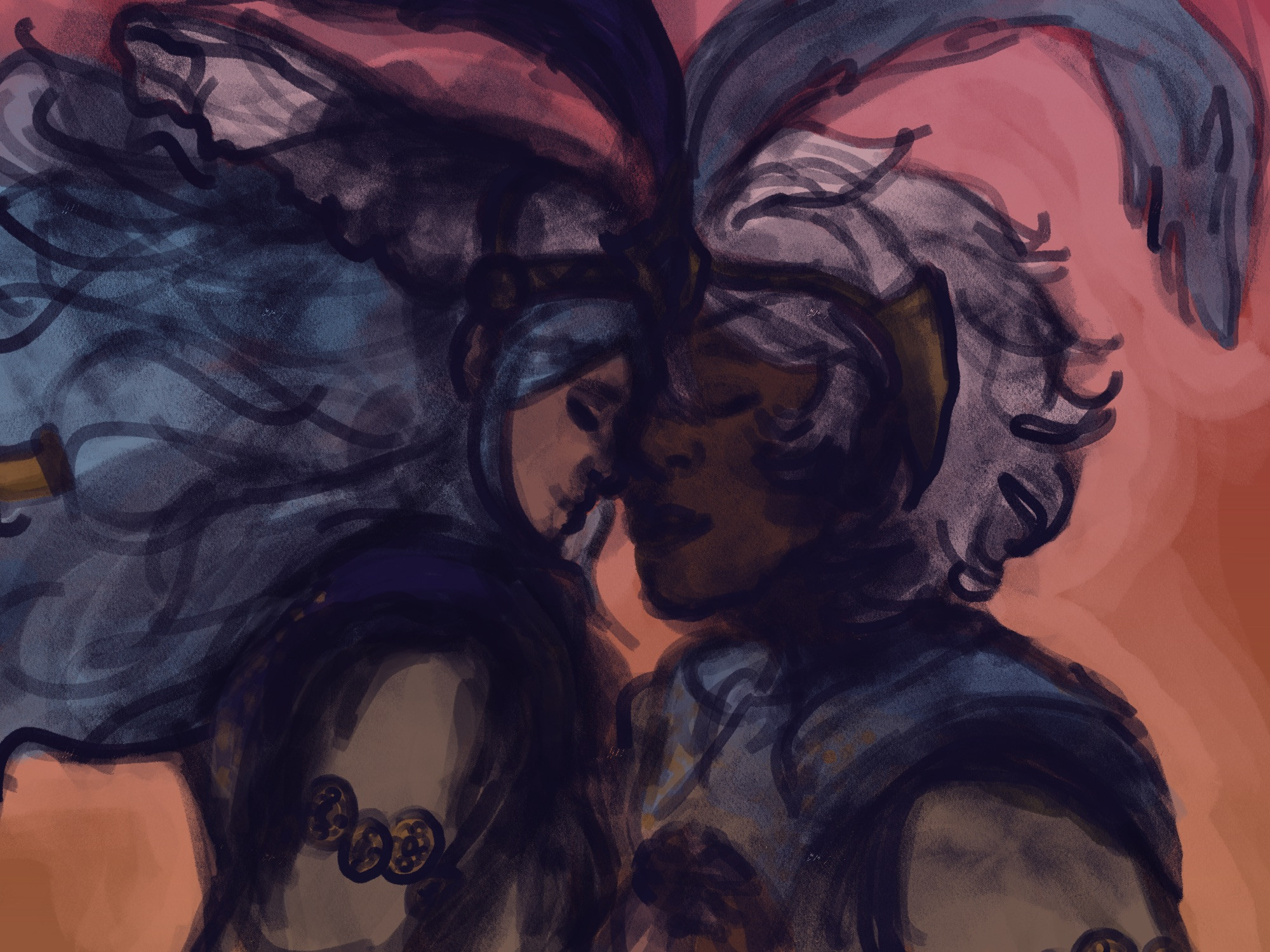 A romantic painting of Azura and Niles from Fire Emblem Fates. They are getting married. Their foreheads are pressed together, and they are holding hands betwixt their chests. They are garbed in traditional Vallite wedding robes. Royal feathered headdresses rest over their hair. The sky glows red, pink, and orange behind them. 