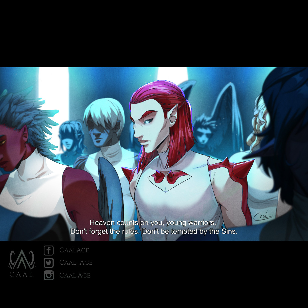 Fake screenshot of a room full of people listening to someone outside the screen. The main character in center has red hair and sort of spikes coming through his shoulders and collarbones.

The text says "Heaven counts on you, young warriors. Don't forget the rules. Don't be tempted by the Sins."