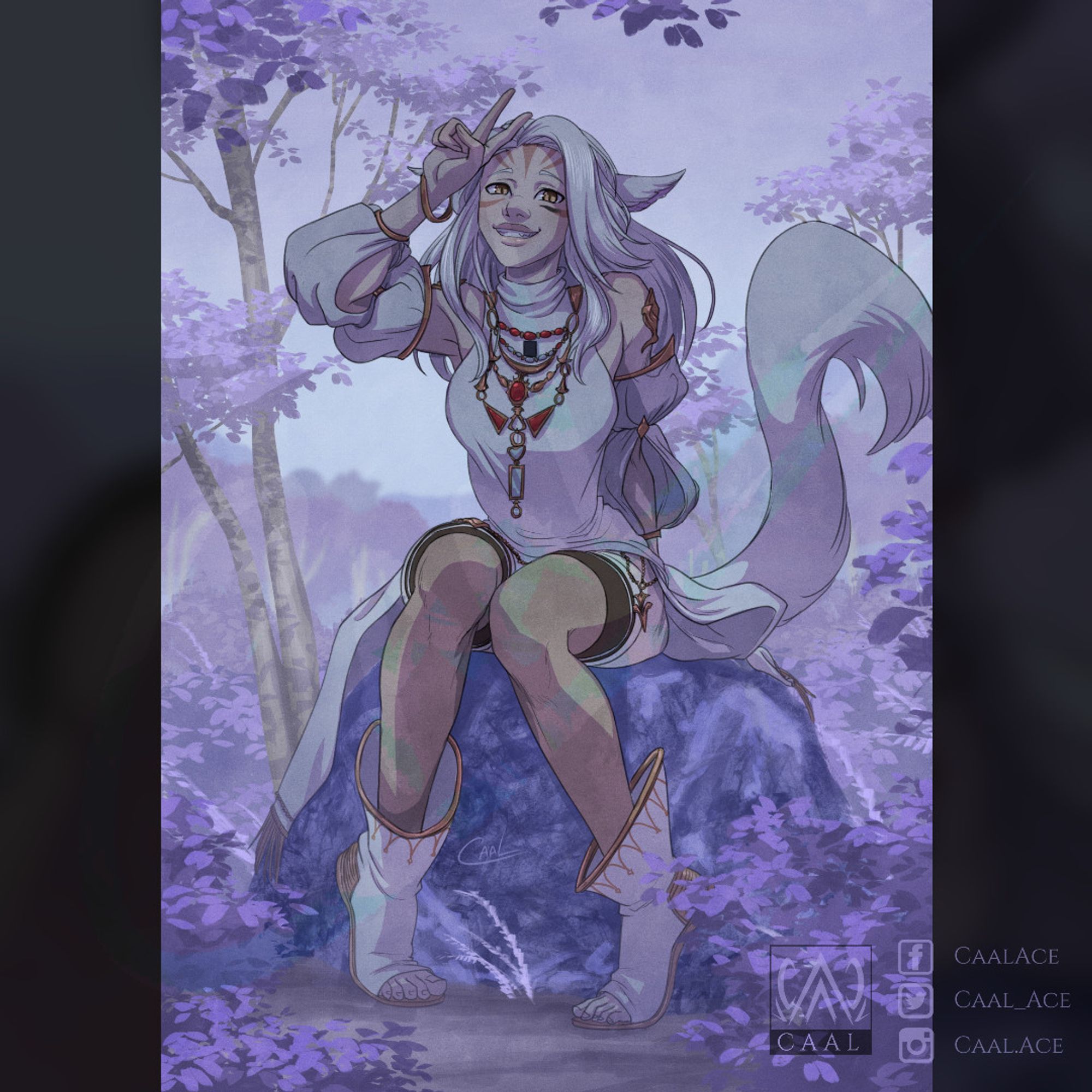 artwork of a miq'ote (a cat race from the game final fantasy XIV) making a cute V sign and smiling at us. She's sitting on a rock outside inside of a forest with tons of purple flowers