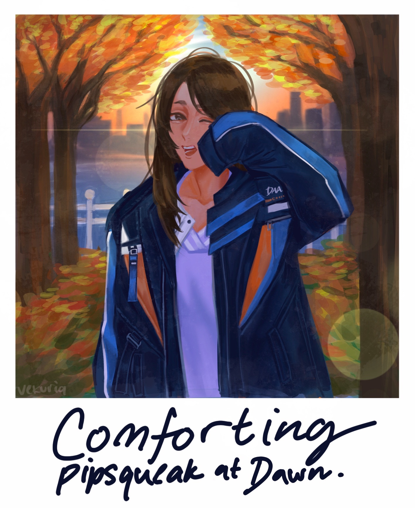 A polaroid style artwork of my Love and Deepspace Main Character (MC) rubbing her eyes out of sleepiness and yawning at the viewer (presumably looking at Caleb, slightly annoyed being brought up early in the cold autumn morning). Still wearing her light purple pajamas but wrapped by Caleb’s Deepspace Aviation Academy jacket, unknowingly there’s a sight to behold behind her. A breaking dawn of a new day.
There’s a written word on the polaroid “Comforting Pipsqueak at Dawn”