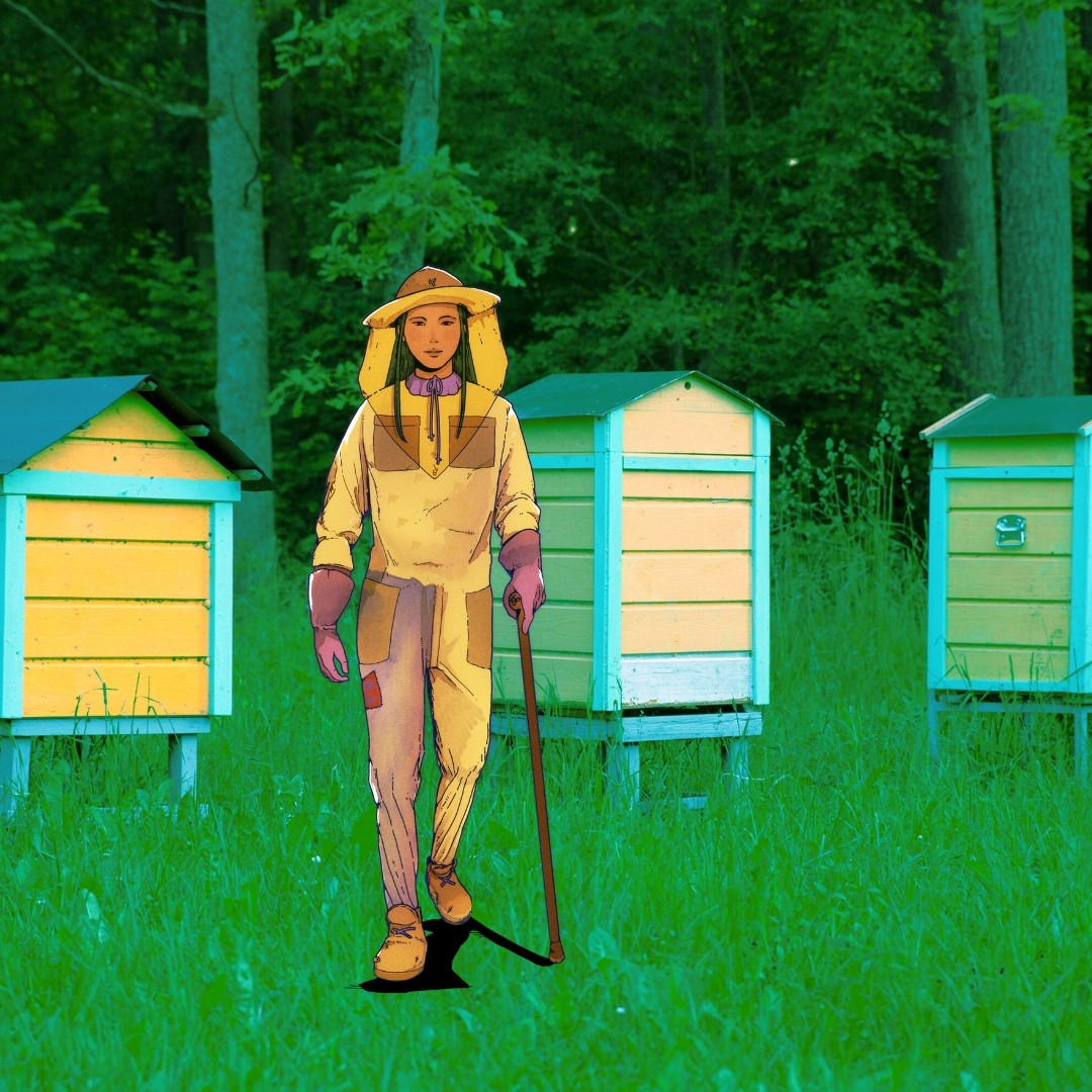 A beekeeper walking with a cane near beehouses in the City of Hope.