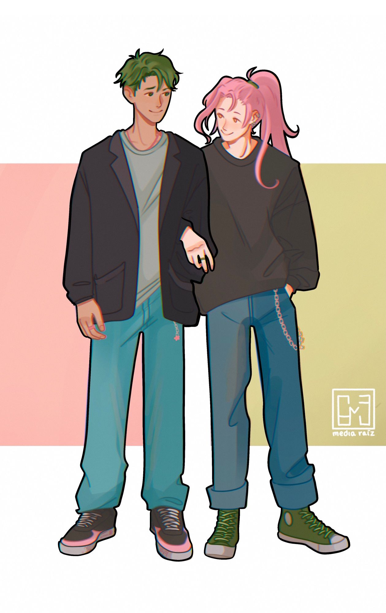 Drawing of young Joe and Cherry from Sk8 the Infinity holding arms,  wearing matching shoes with pink and green background.