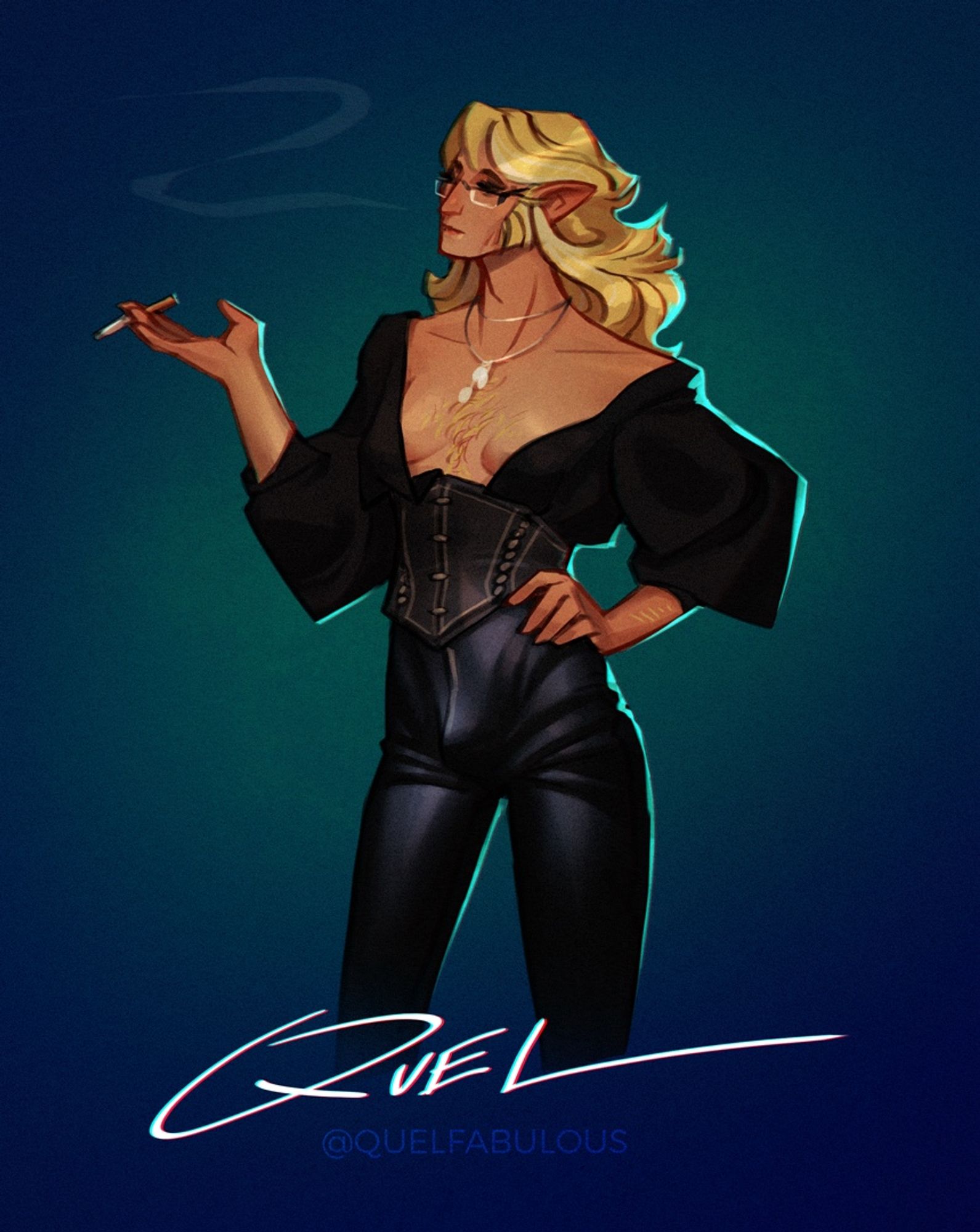 A tall androgynous elezen in tight pants, a corset and an open shirt, smoking a cigarette.