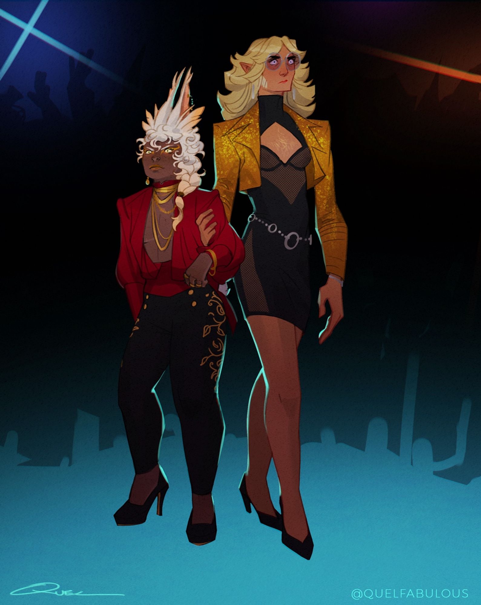 A trans nonbinary viera with their transfem elezen partner looking snazzy in the club but also upset at the terrible music.