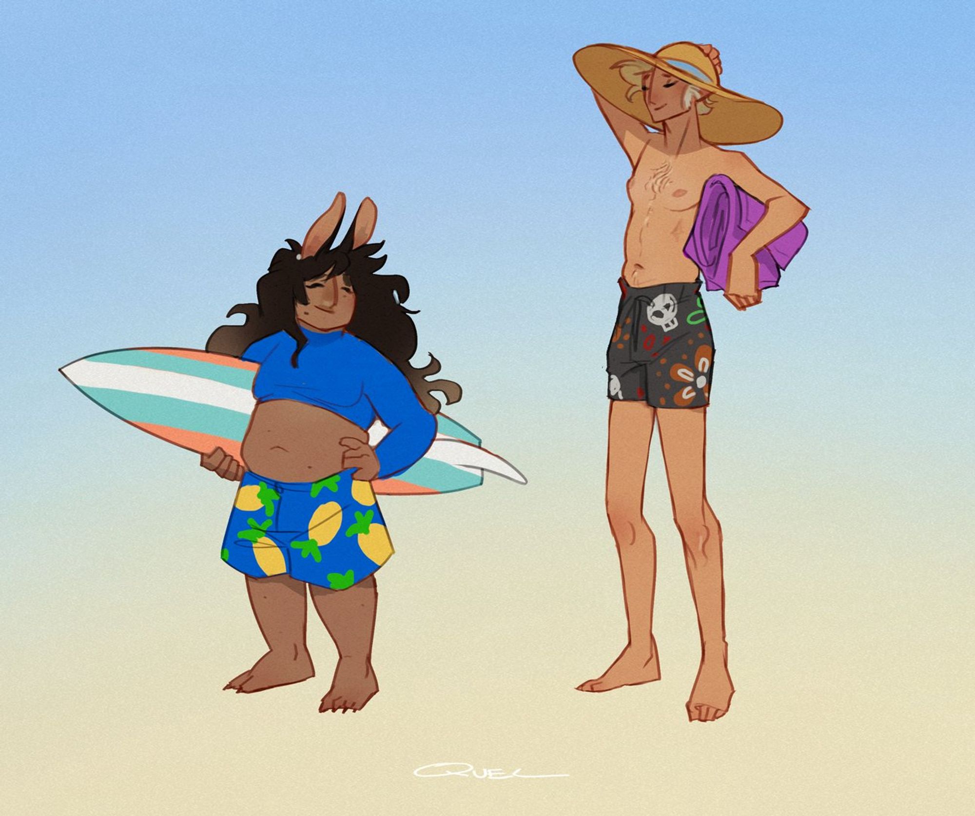 Evjn (they/them) and Felore (he/they) in their swimwear. Trans body positivity.