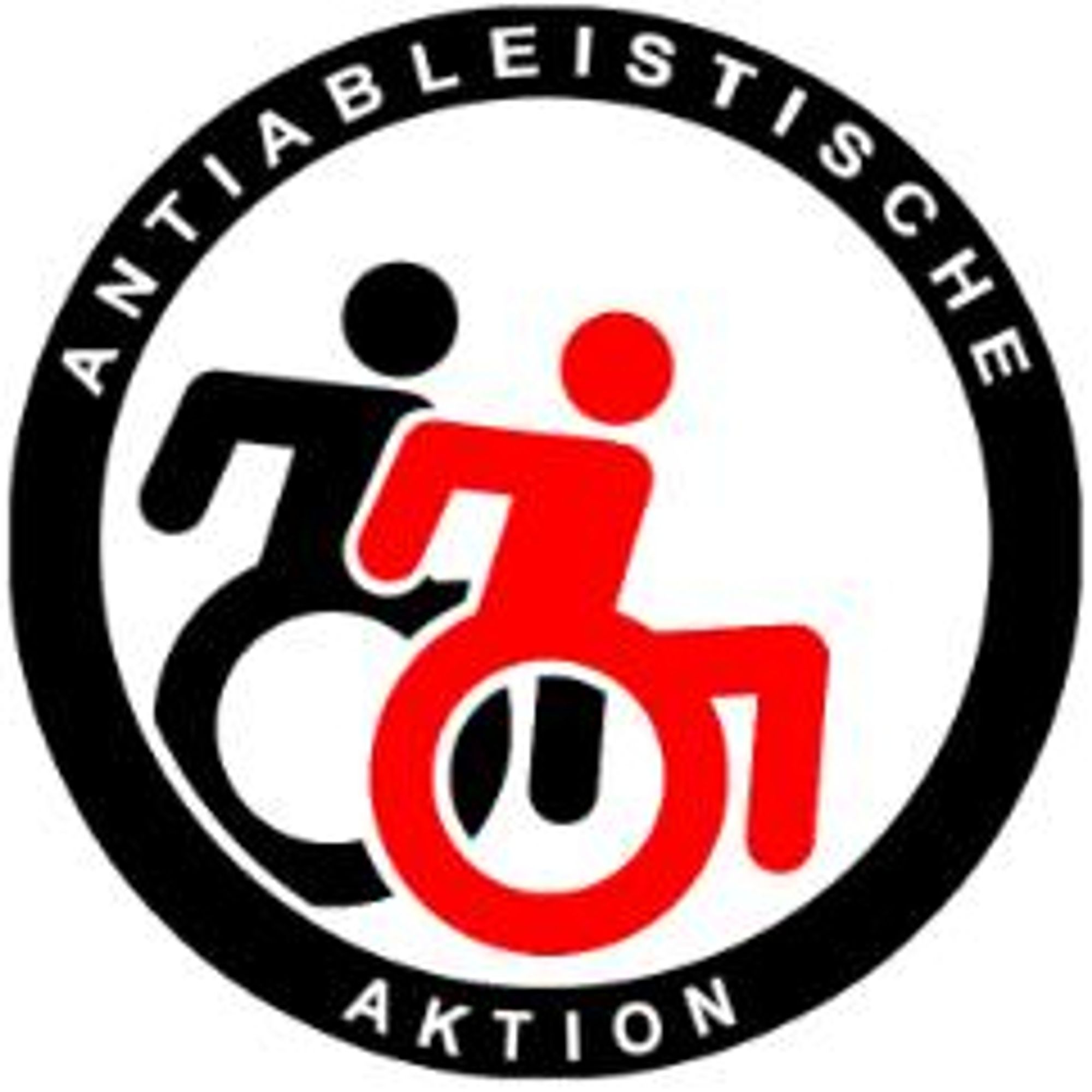 Logo antiableitische Aktion, wie Antifa Logo Schwarz und Weis, im Kreis sind aber statt Fahnen, Rollstuhlnutzende