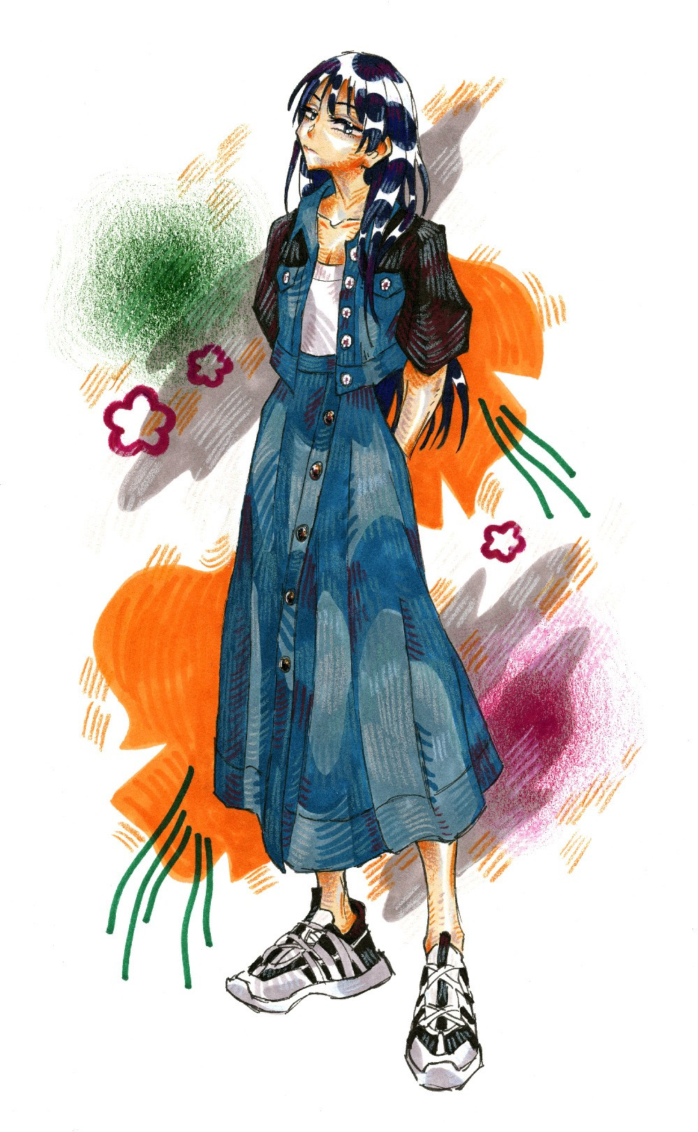 toma standing against a background of colorful abstract shapes and textures, wearing sneakers and a denim skirt and jacket combo from jigott