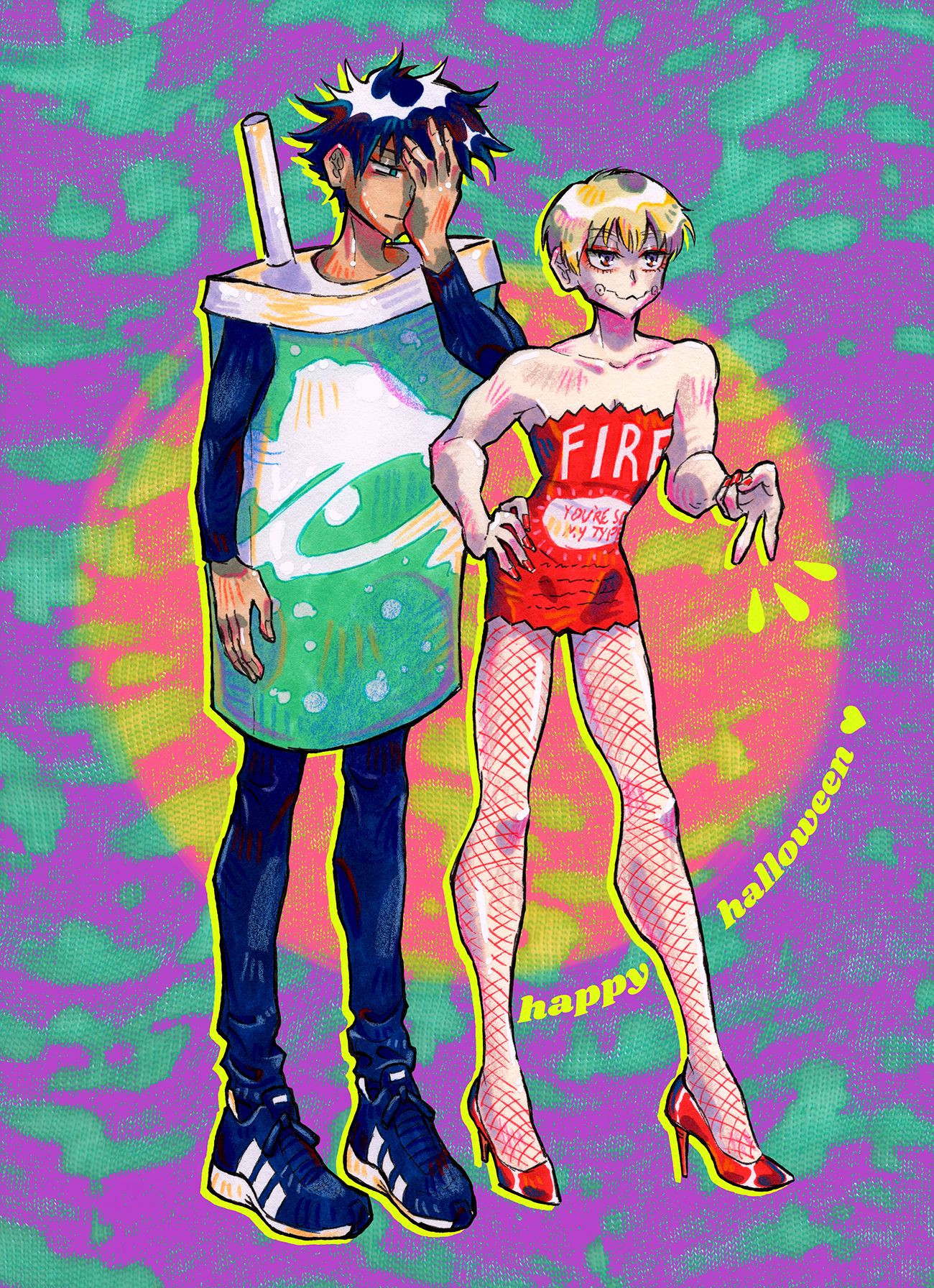 megumi and toge standing together in their halloween costumes. megumi is wearing a baja blast version of one of those terrible foam soft drink costumes and is holding a hand over his face with a dead look in his eyes. toge is absolutely serving, holding out a gyaru peace sign while wearing a tight little mini dress that looks like a fire sauce packet, complete with red fishnet tights and red heels. the background is bright purple, with baja-blast-colored smoke/ectoplasm and an orange circle behind the figures.