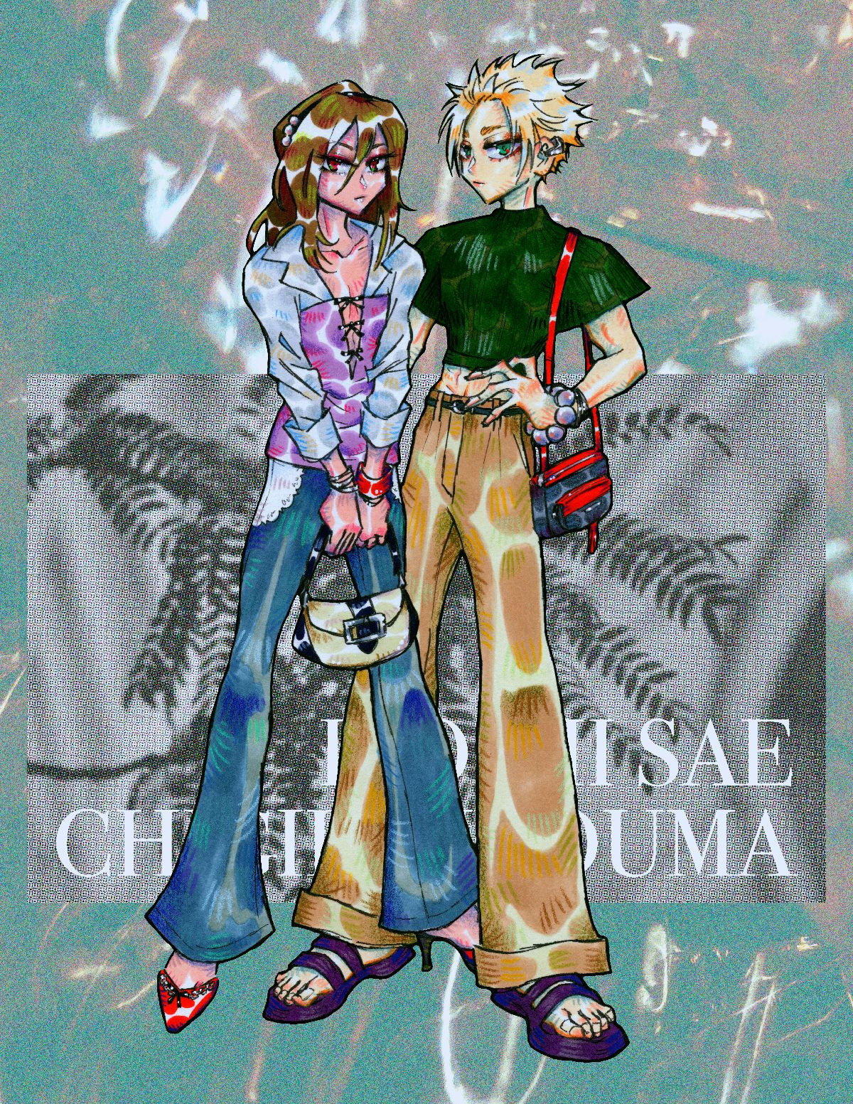 chigiri and sae posed as if for a fashion editorial. chigiri's hair is a medium brown and sae's is platinum blonde