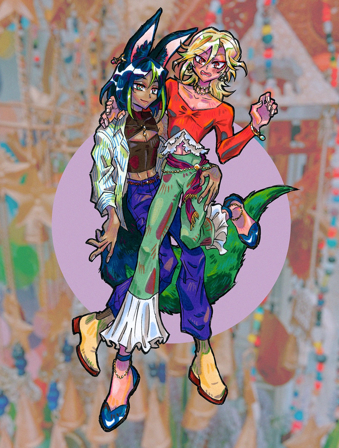 tighnari and kaveh on a colorful background. tighnari wears an oversized white button-up with blue pinstripes, a tight brown crop top, blue cargo pants, and tan ankle boots, and kaveh wears a blood orange long-sleeved crop top with a white frilled hem, green pants that flare into white ruffles, and bright blue ankle-strapped flats. tighnari holds onto kaveh's hip with a smile while kaveh looks flustered, an arm around tighnari's shoulders.