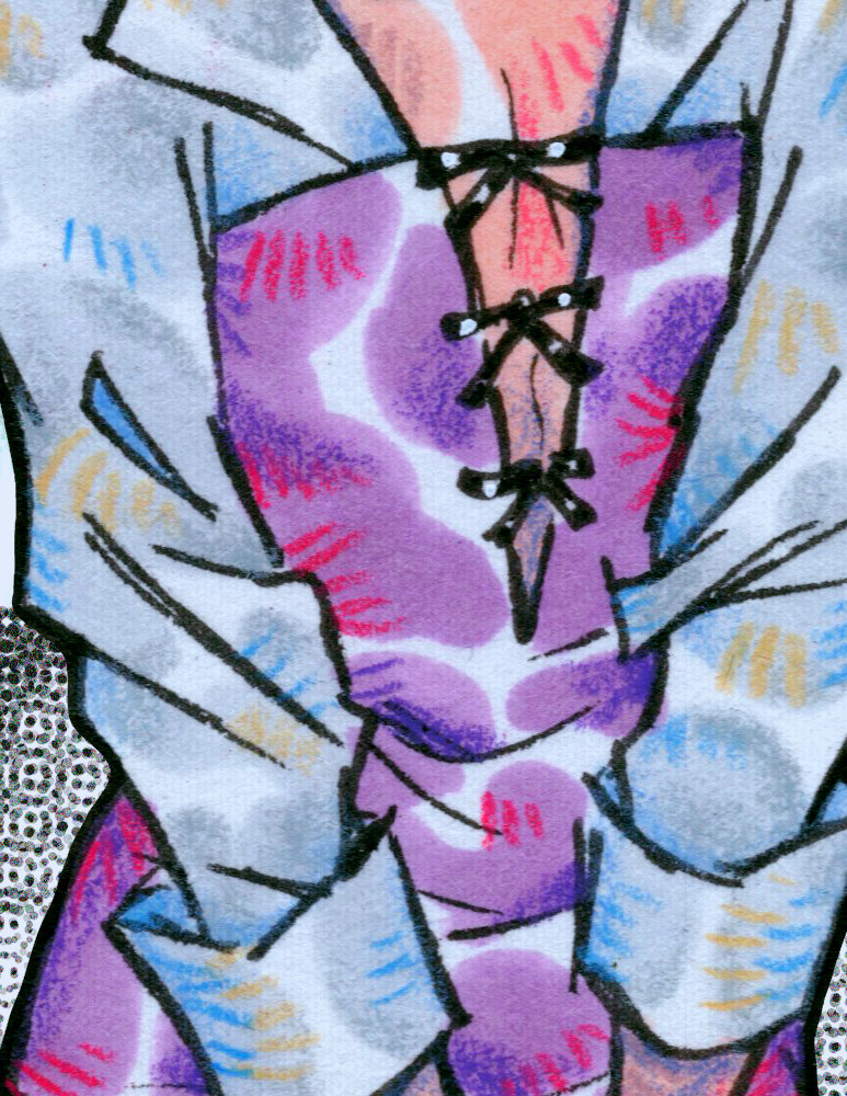 close-up of chigiri's torso. he wears a light blue collared shirt attached to a lilac-purple dress that plunges at the chest, decorated with little black bows