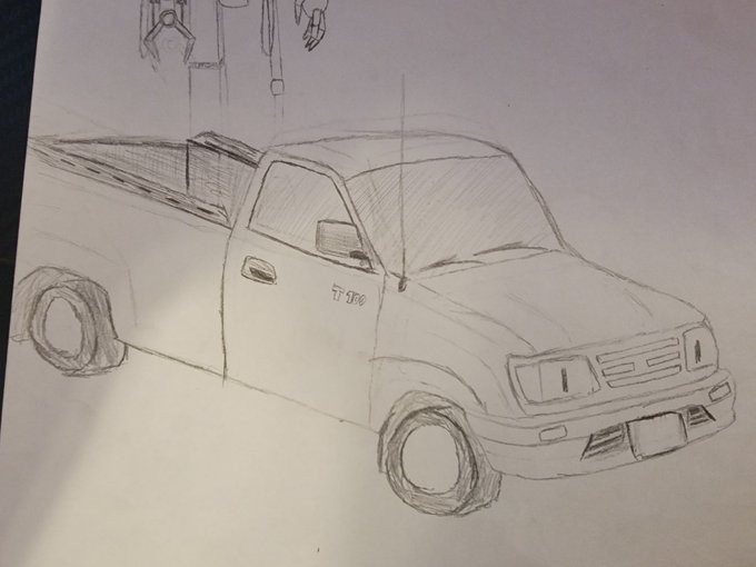 A paper-pencil drawing of a 1993 Toyota T100 pickup truck.