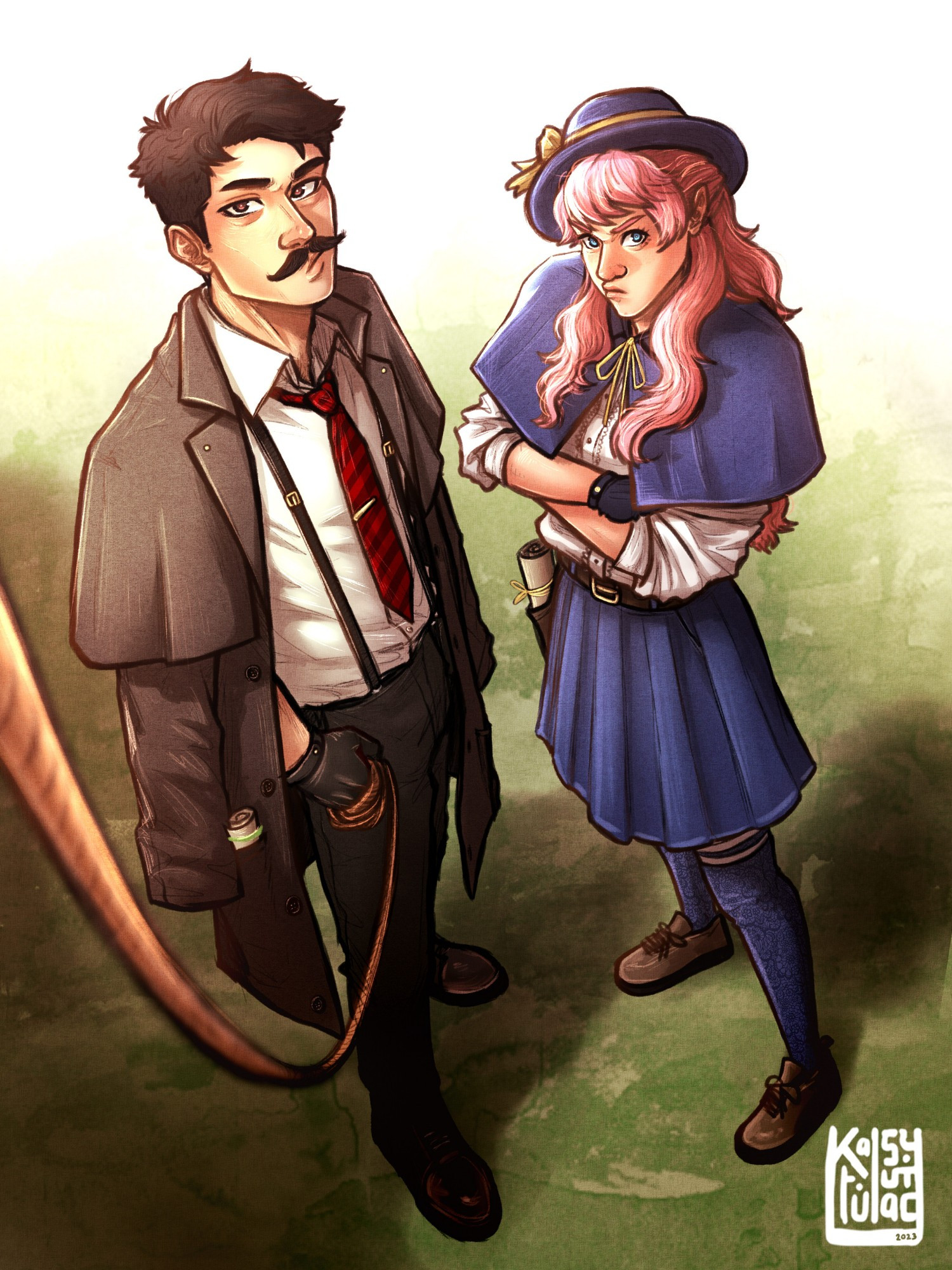 Mumbo Jumbo (left) and LDShadowLady (right) standing menacingly, wearing victorian-ish era inspired detective outfits. Mumbo holding a rope from his right hand with the rope hanging to a camel (cropped from the image, but implied)