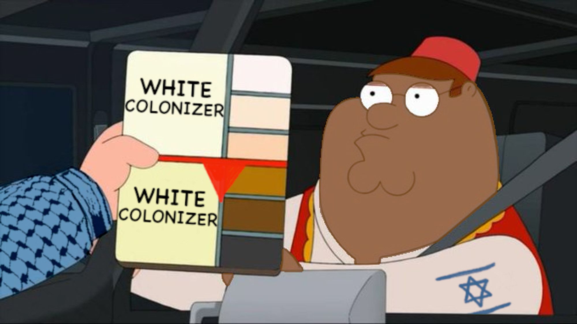 Peter Griffin skin color chart Meme abgewandelt. Die Hautfarbe ist deutlich dunkler und auf dem Arm ist eine Israelfahne. Die Farbtafel hat oben (weiss) und unten (dunkel) die beides mal die Aufschrift "White Colonizer", wo sonst "OK" und "Not OK" steht. Der Ärmel des Mannes, der die Farbtafel hält ist wie eine Kuffia gemustert.