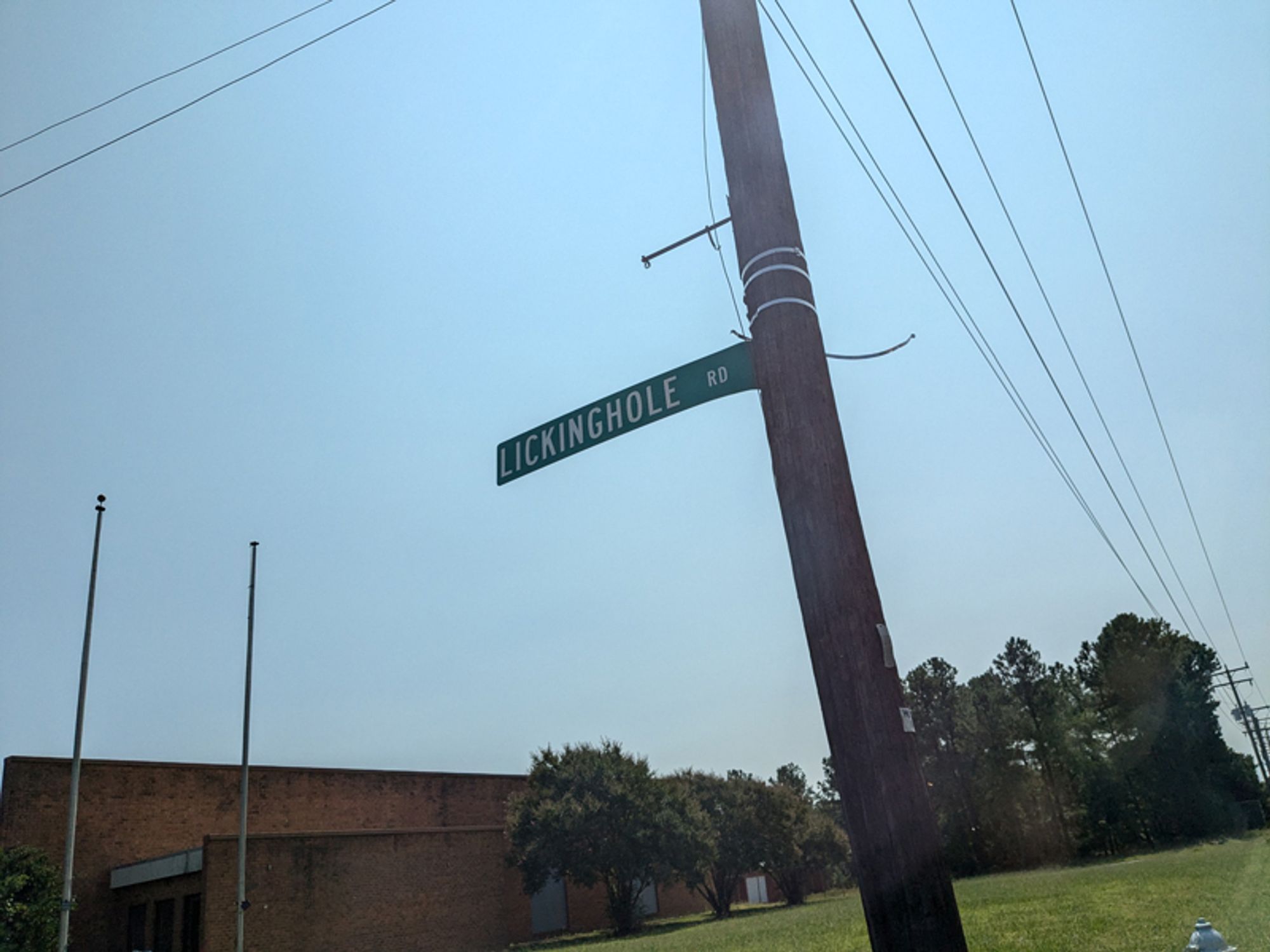 A telephone pole with a street sign on it for "Lickinghole Road". Yes, seriously.