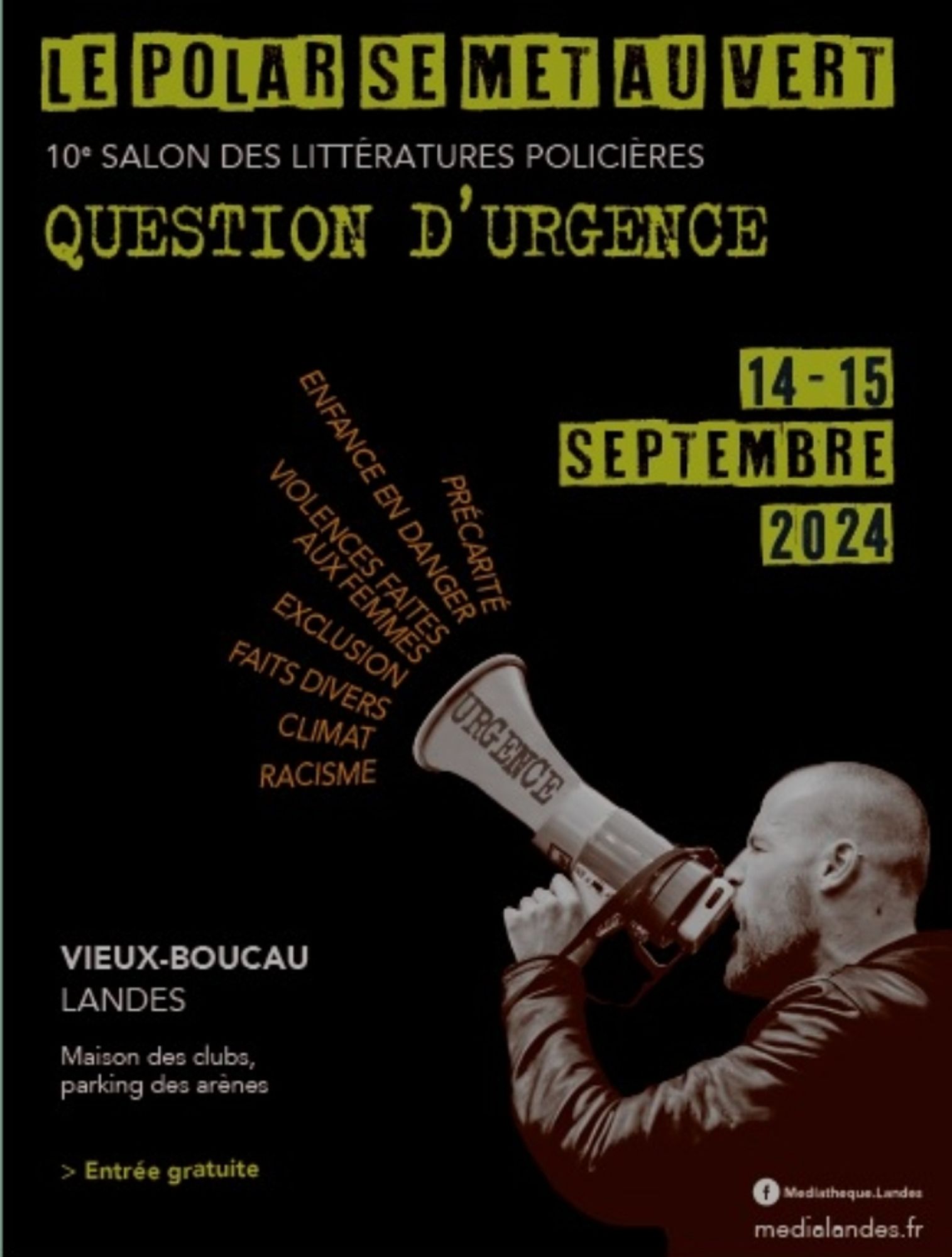 Déjà 20 ans pour le Polar se met au vert ! Les 14 et 15 septembre se déroulera la 10e édition du salon des littératures policières. En backstage, l’événement se prépare sur le thème “Question d’urgence”. Florence Medina, Guillaume Le Cornec, R. J. Ellory, Louise Mey, Laurent Whale, Michel Moatti, Fabrice Tassel et Pascale Chouffot seront les auteurs et les autrices invité·es.

14
septembre
15
septembre
2024
Le Polar se met au vert
Le samedi 14 septembre à 10h00
Maison des clubs 40480 VIEUX-BOUCAU